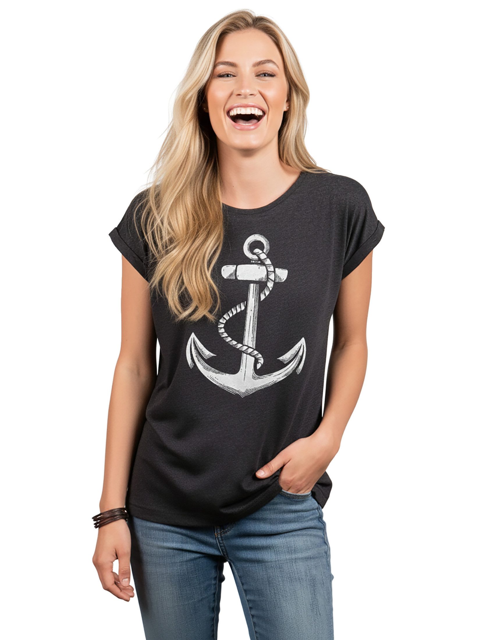 MAKAYA Print-Shirt Damen Anker Motiv Sommer Top Maritime Frauen Oberteile Tunika (Kurzarm, Rundhals, blau, grau, rosa, schwarz) aus Baumwolle