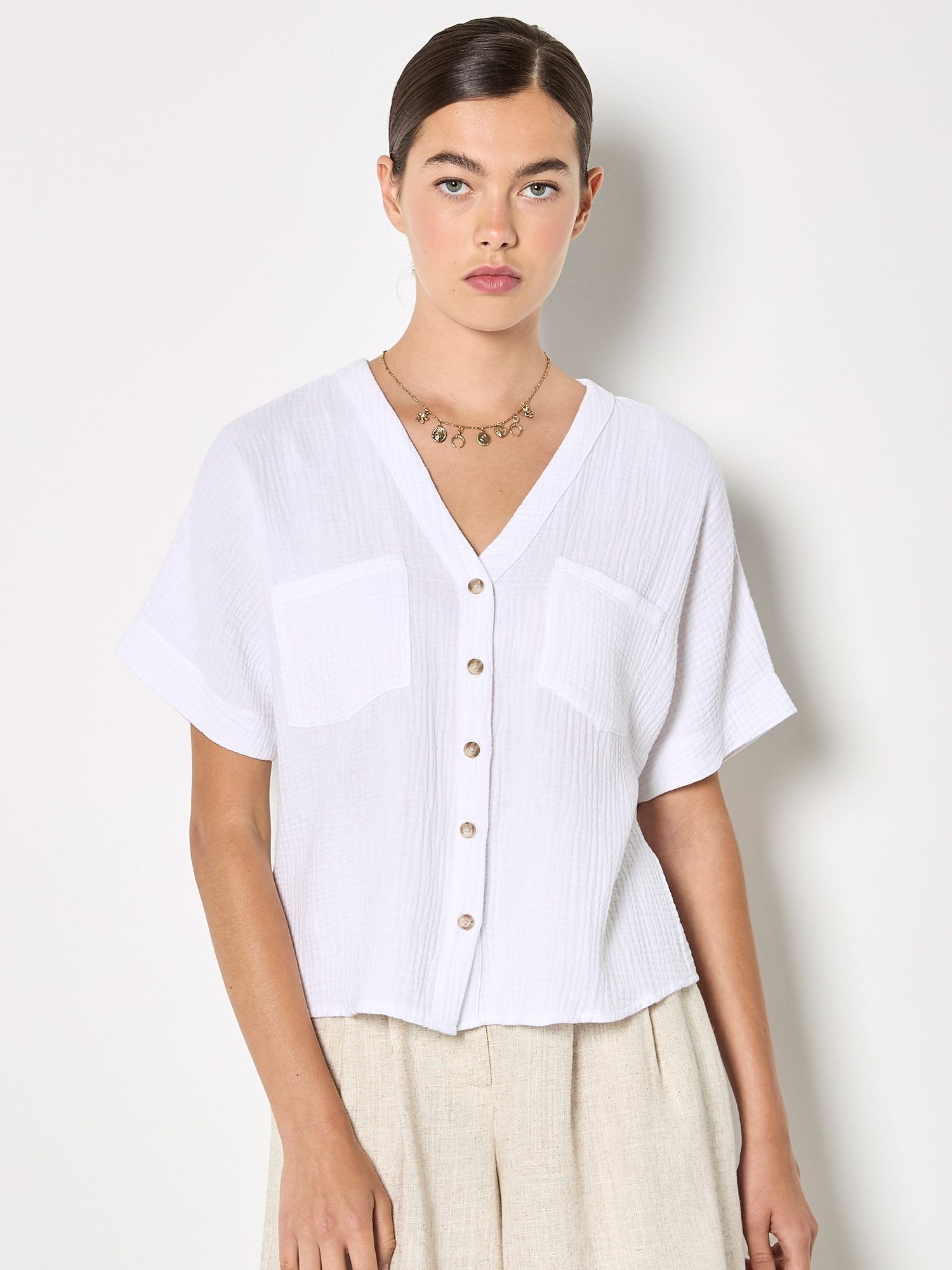 Apricot Blusentop Strukturierte Bluse mit V-Ausschnitt Einfarbig