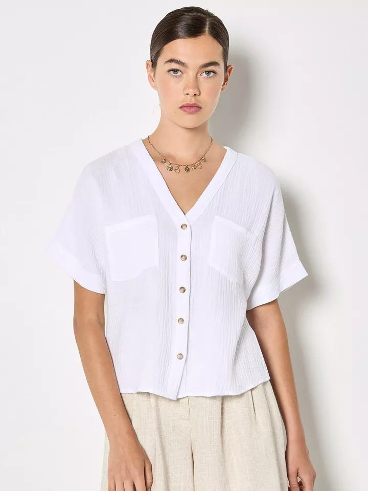 Apricot Blusentop Strukturierte Bluse mit V-Ausschnitt Einfarbig