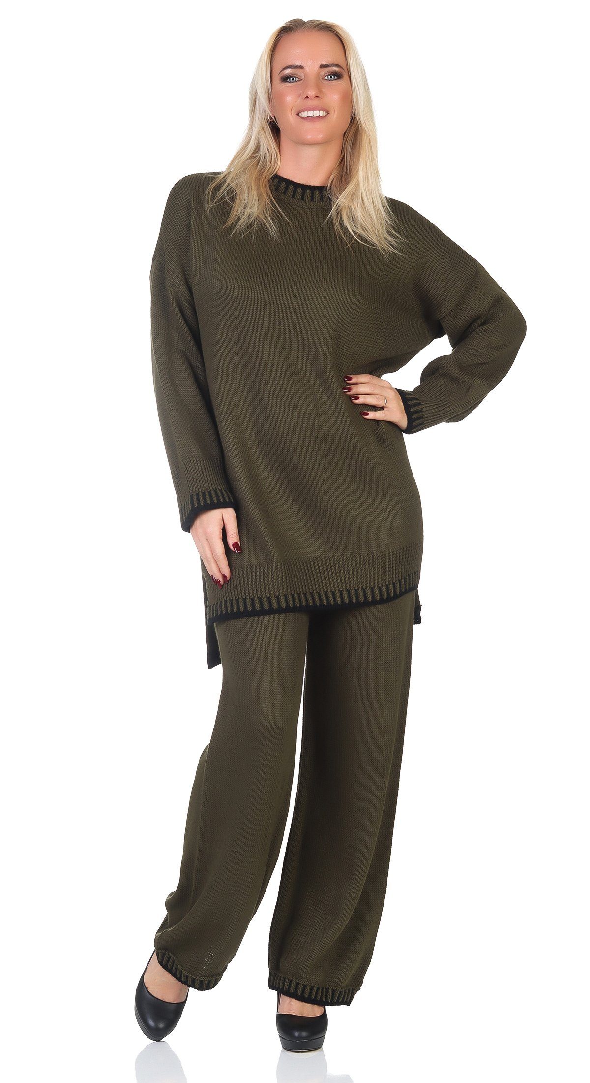 M.382 Strickset 2-teilig Strickanzug Strickhose Oliv Hose Mississhop (2-tlg) Pullover