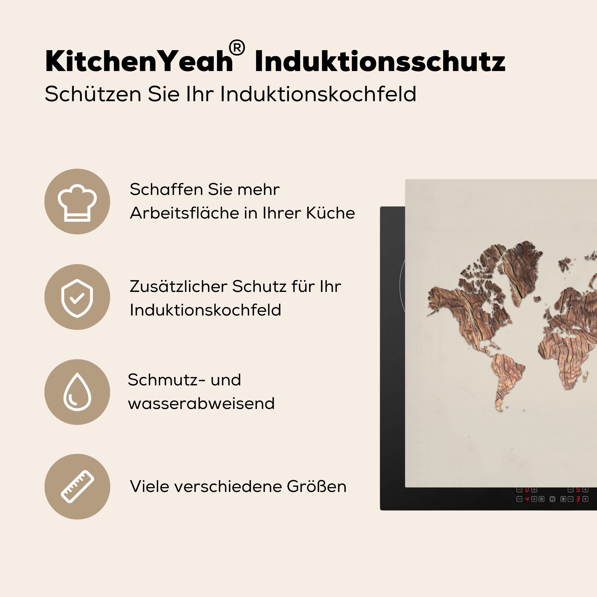 küche tlg), Beige, Holz Arbeitsplatte Vinyl, Weltkarte cm, (1 Herdblende-/Abdeckplatte MuchoWow - Ceranfeldabdeckung, - für 78x78