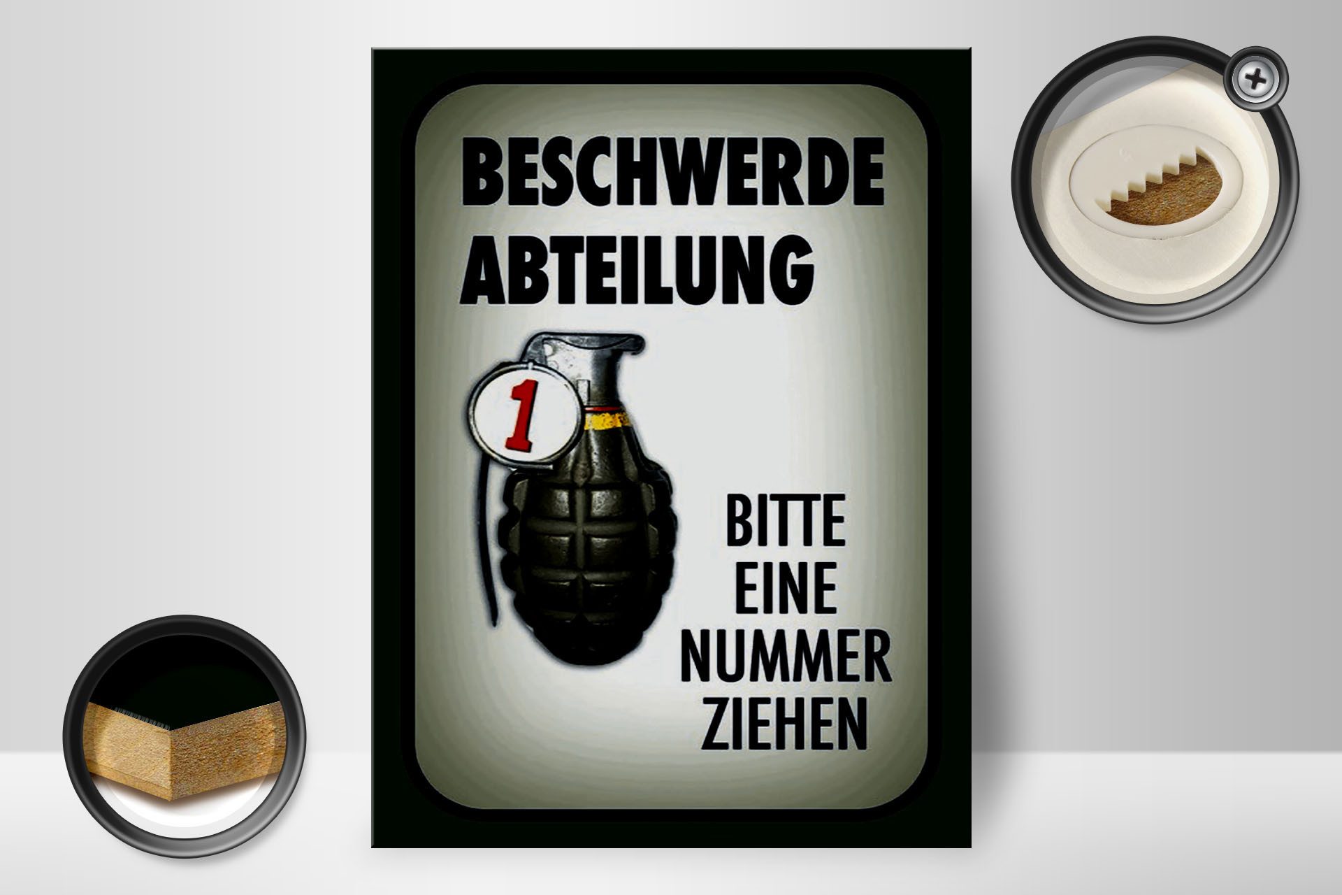 Femer GmbH Holzbild Spruch 30x40cm Beschwerde Abteilung bitte Nr., Sprüche Zitate Lustiges, Waffen (1 St), Glatte Holzfaserplatte (MDF), vorn beschichtet