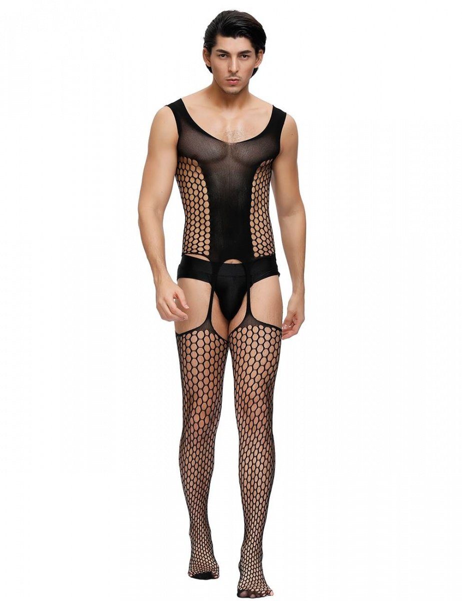 Lau-Fashion Lange Unterhose Herren Loch Strapse Transparenz Reizwäsche Body Stocking Nylon S/M/L