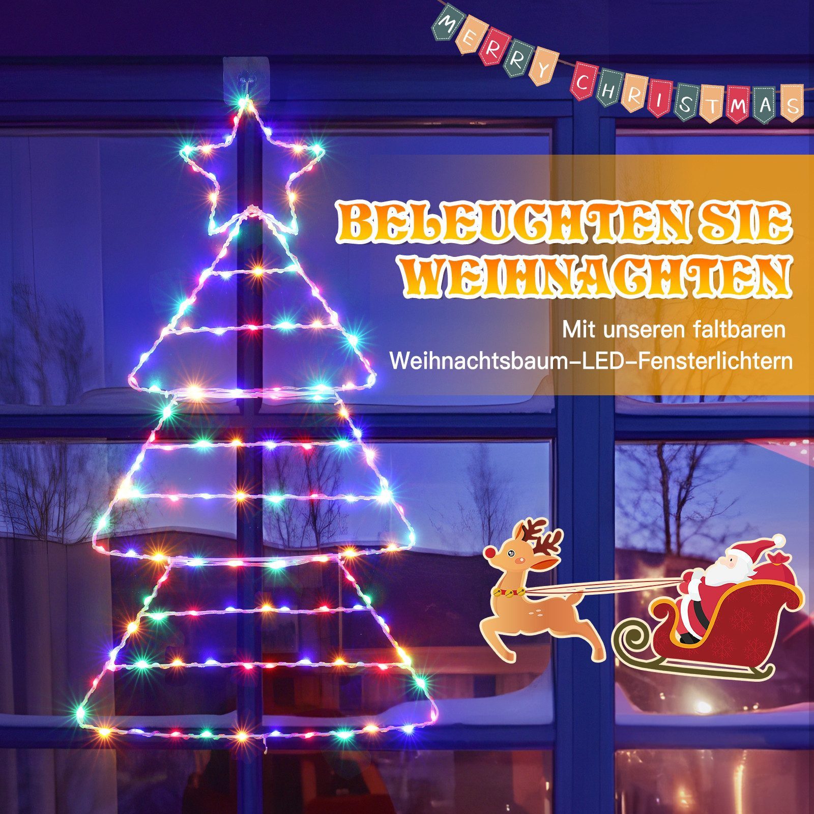 Quntis LED-Lichterkette LED Dekolicht Weihnachtsbaum Weihnachtsdeko 75 x 43CM mit 143/110 LEDs, Weihnachtsbeleuchtung Fenster für Innen/Außen, Timer Speicherfunktion