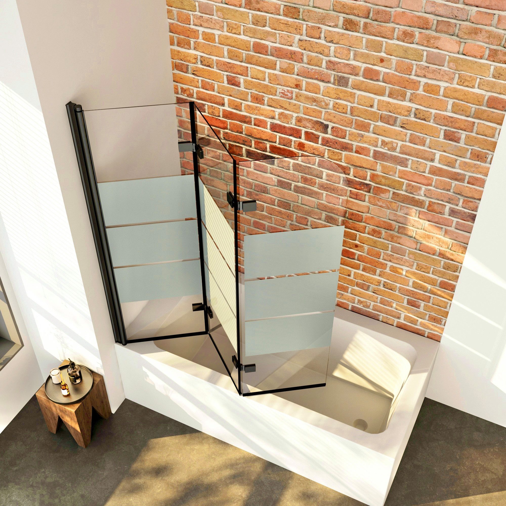 Boromal Badewannenaufsatz 3 teilig Faltwand Duschwand für Badewanne faltbar Badewannenfaltwand, Schwarz Chrom Milchglas Aluprofile, (Badewannenaufsatz Schwarz Weiß Chrom Milchglas, 120x140, 130x140, 140x140, 150x140, 160x140cm), Sicherheitsglas