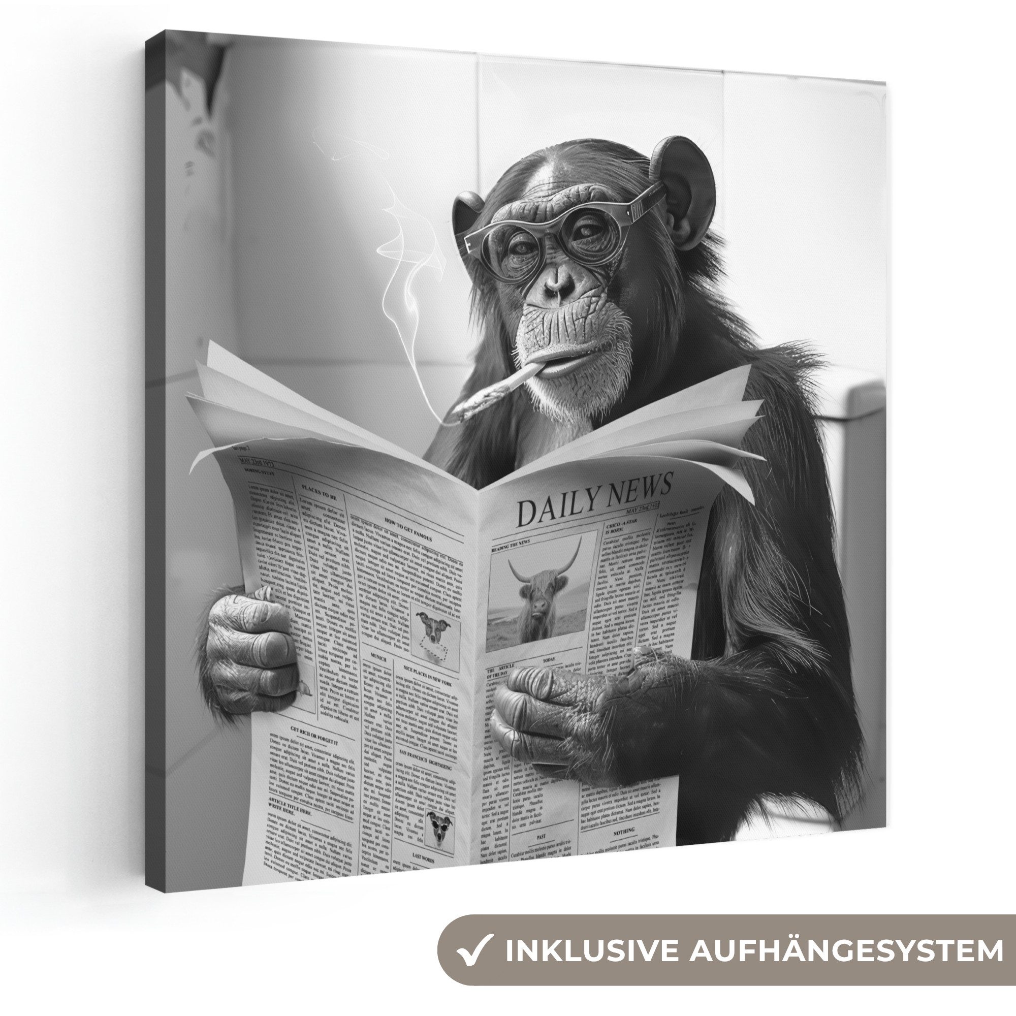 OneMillionCanvasses® Leinwandbild Schimpanse - Affe - Zeitung - Toilette - Humor, Fotodruck (1 St), Wandbild, Deko Schlafzimmer Wohnzimmer Flur 20x20 cm