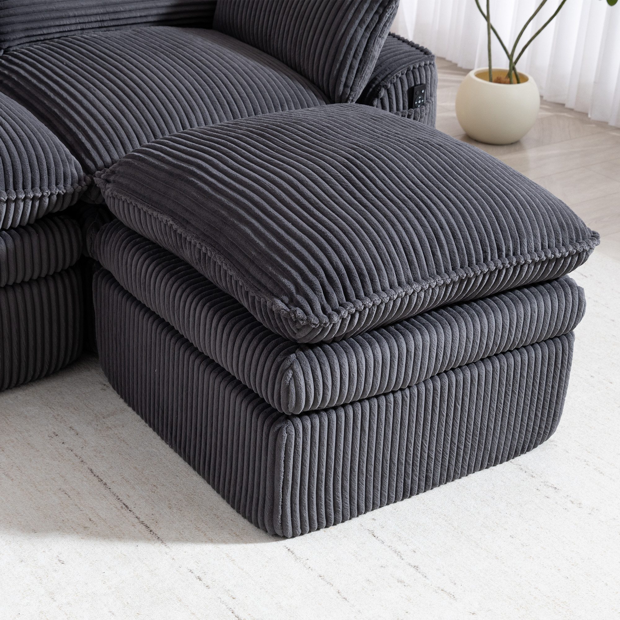 MODFU Sofa 3-Sitzer-Modulsofa aus Cord mit Hocker, inkl. Kissen und 2 Seitentaschen, 3-lagiger Schaumstoff plus Federkern, frei kombinierbar