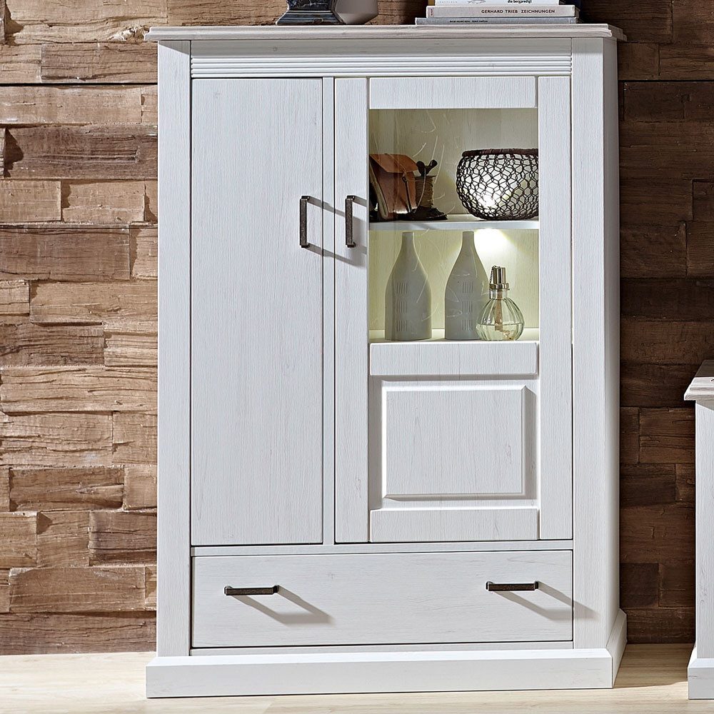 Lomadox Vitrine LEER-55 Pinie weiß mit Abs. taupe 99/142/42cm