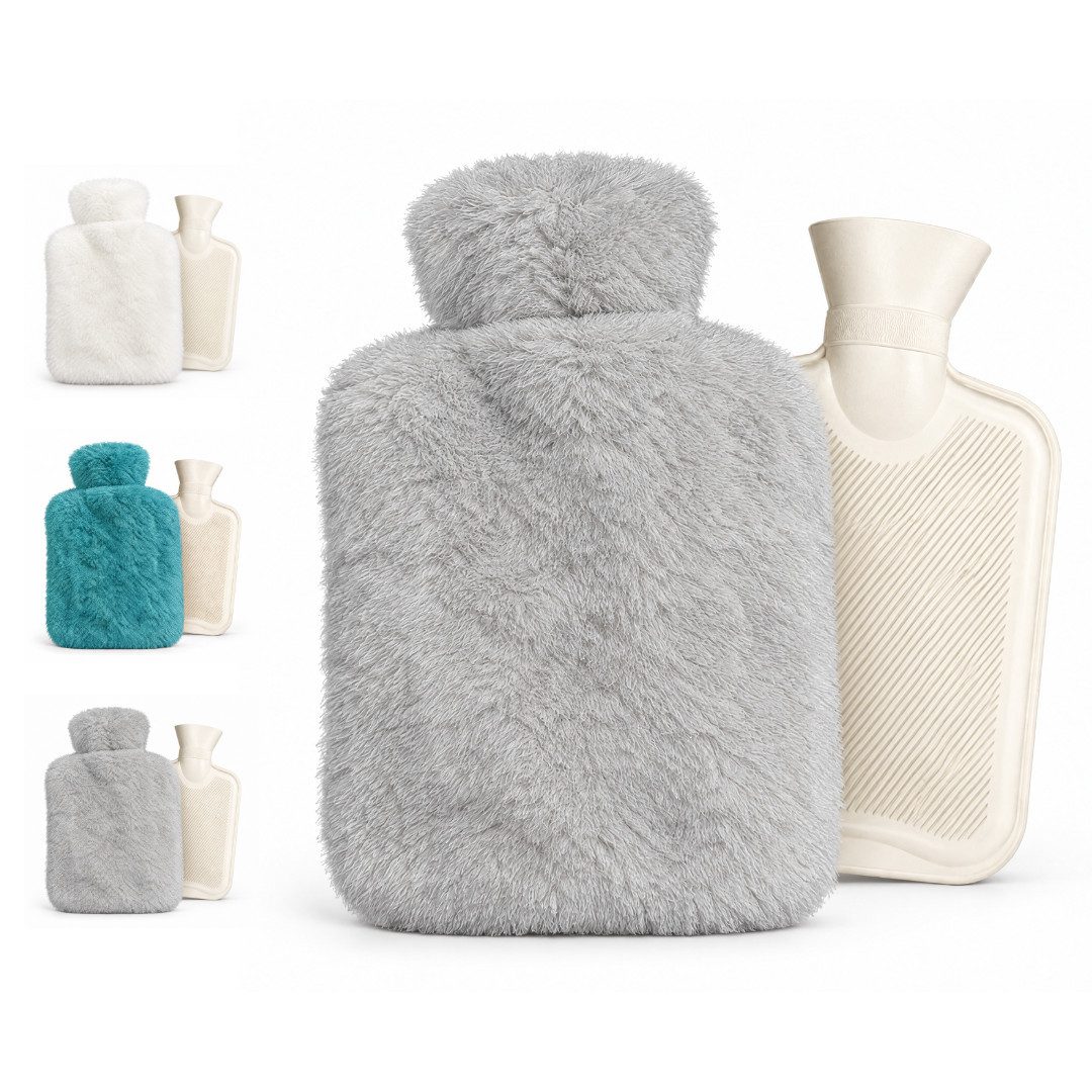 LIVINA HOME Wärmflasche Wärmflasche mit Bezug 1 L – kleine Wärmflasche mit weichem Bezug, für Nacken, Bauch, Rücken & Füße – weiß, hellgrau, abnehmbarer Bezug