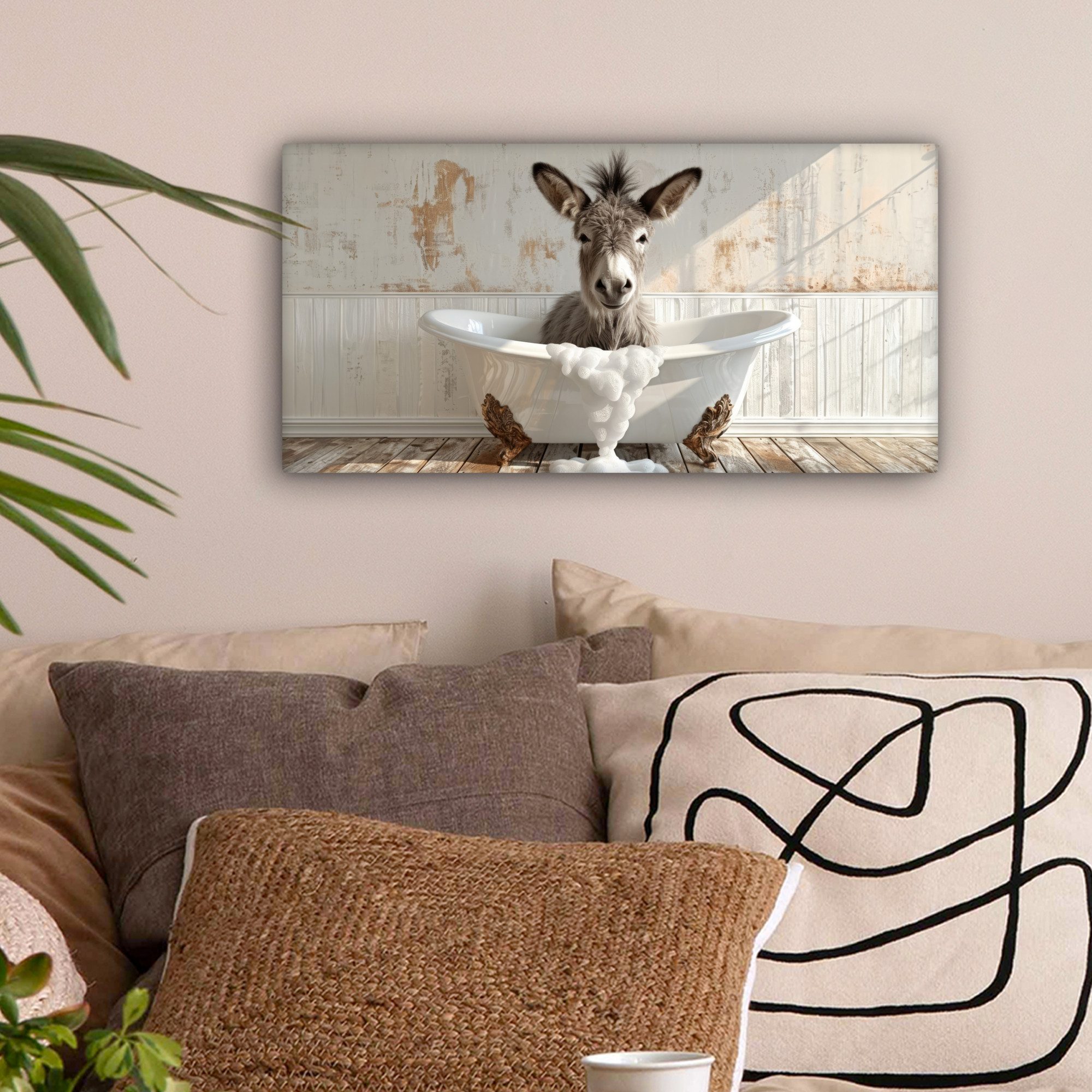 OneMillionCanvasses® Leinwandbild Panorama Esel - Tiere - Badewanne - Schau günstig online kaufen