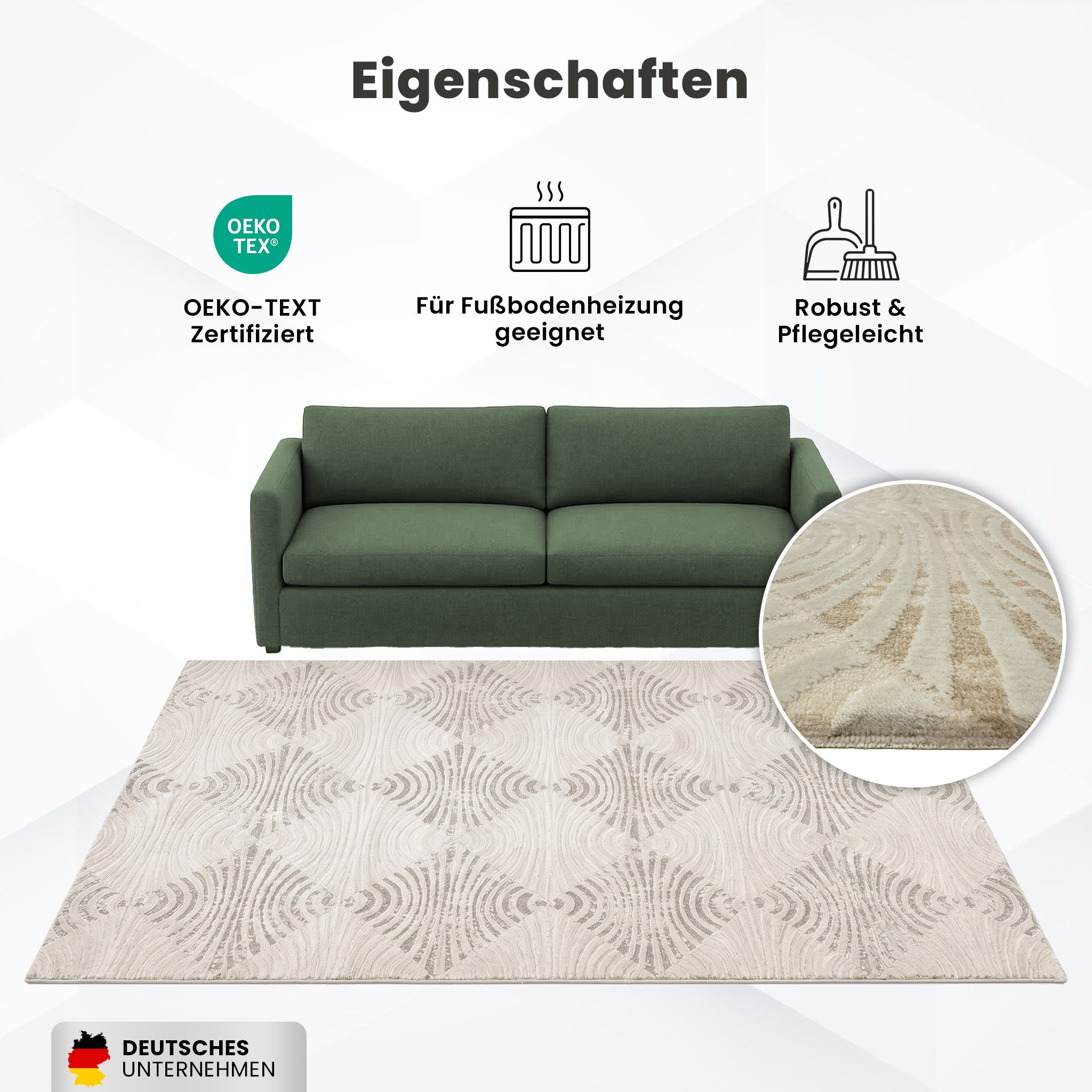 Vimoda Designteppich Kurzflor Teppich Boho 3D Hoch-Tief-Effekt, Rechteckig, Höhe: 12 mm, Teppich Wohnzimmer & Schlafzimmer