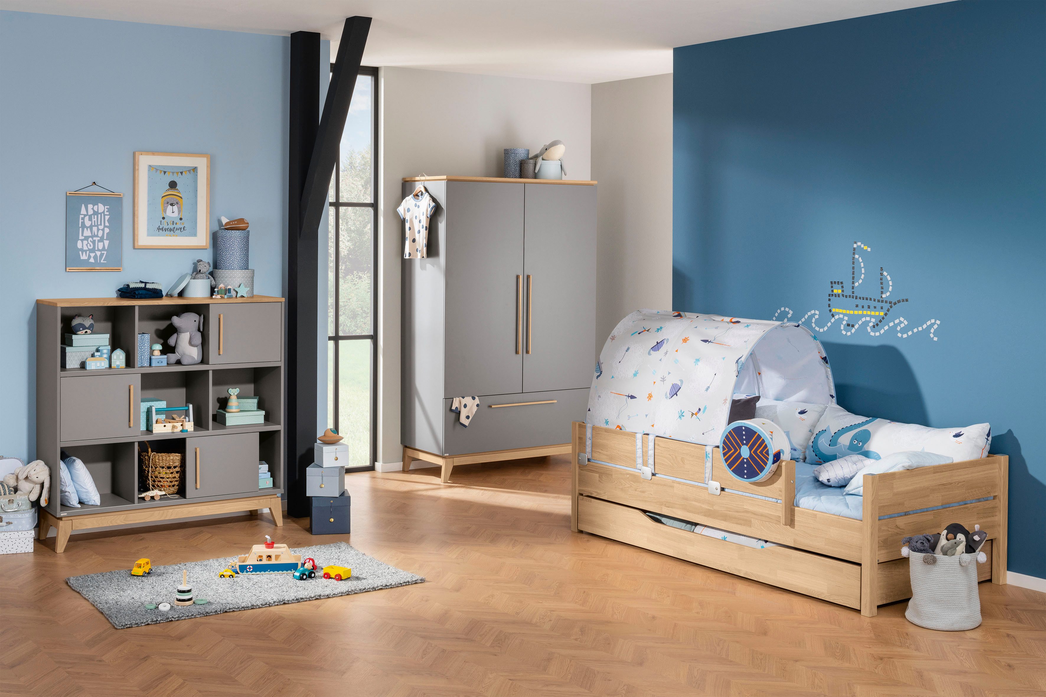 PAIDI Kleiderschrank STIENE in Beige oder Grau, 2 Türen und 1 Schublade mit Soft-Close (B/H/T ca. 123/200/57cm) inkl Kleiderstange + Einlegeböden, Kleiderschrank mit Eiche Massivholz