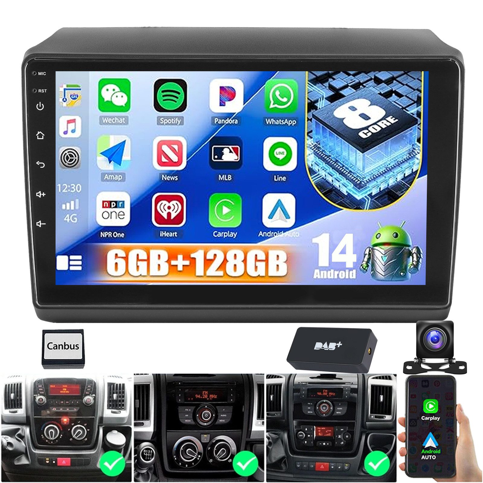 ESSGOO 4G DAB+ 8Core Für Fiat Ducato 2006-22 6+128G Android 15 CarPlay GPS Autoradio (RDS, Digitalradio (DAB), FM, AM, Carplay Android Auto Bluetooth EQ USB GPS Navi WIFI Touchscreen)