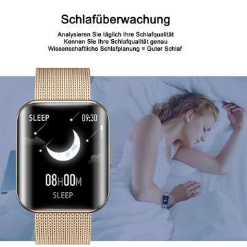 TPFNet SW23 mit Milanaise Armband und Temperaturmessung Smartwatch (Android), mit Blutdruck- & Pulsmesser, Musiksteuerung, Schrittzähler, Kalorien, Social Media etc. - Schwarz
