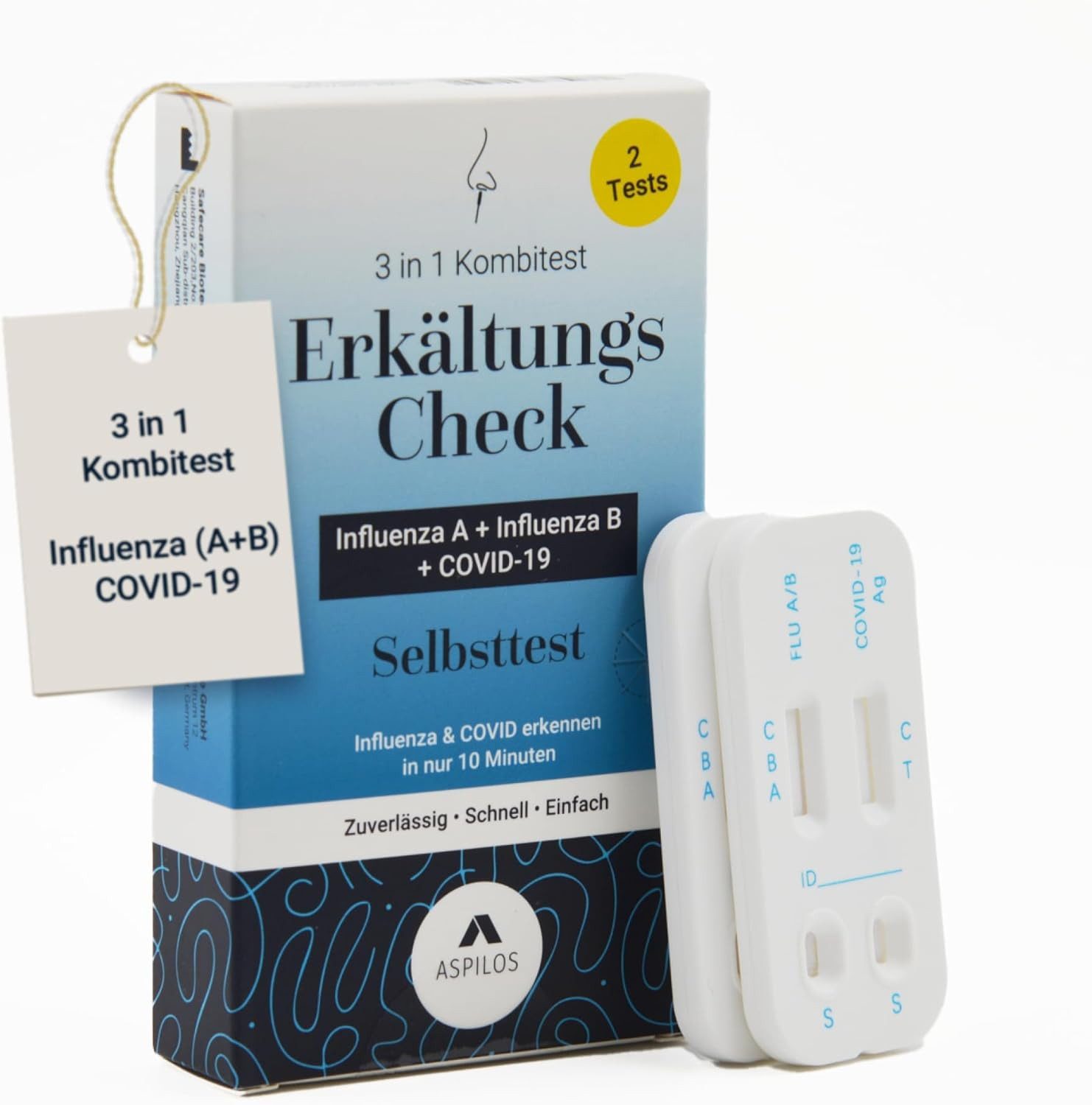ASPILOS Influenza-Schnelltest 3-in-1 Corona & Influenza A/B Selbsttest für Zuhause in 15 Min 2er Set, präzise & sicher, Erkältungstest, 2er Pack, zum selbst durchführen, 2-tlg., Erkältungscheck, Covid Test, Influenza Schnelltest, Nasenabstrich