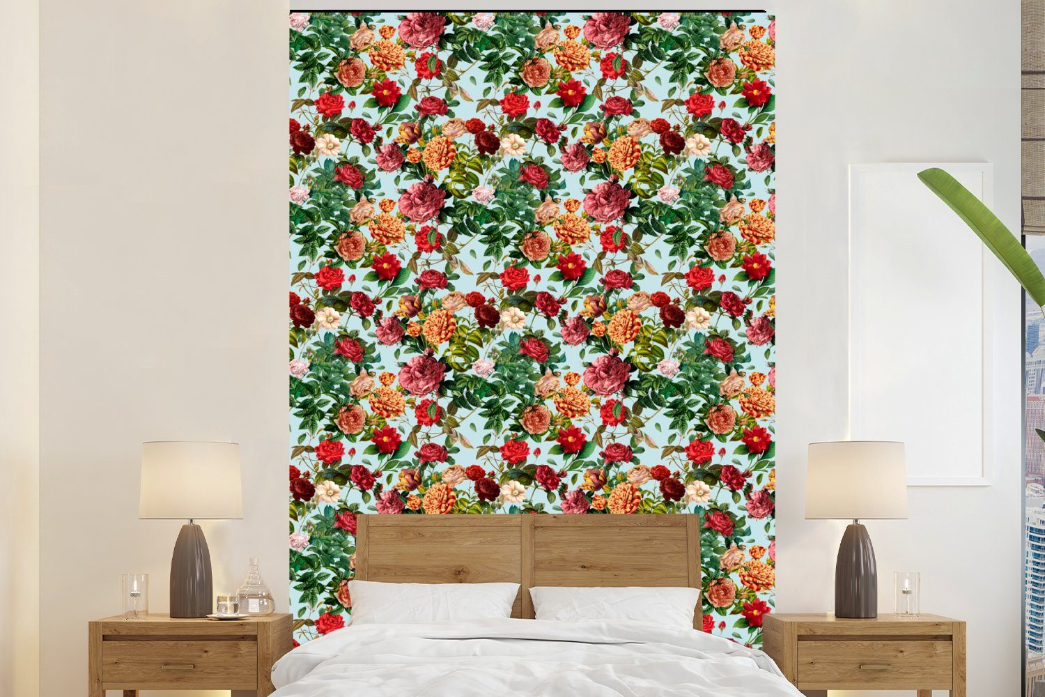 MuchoWow Fototapete Blumen - Muster - Rot, Matt, bedruckt, (3 St), Montagefertig Vinyl Tapete für Wohnzimmer, Wandtapete