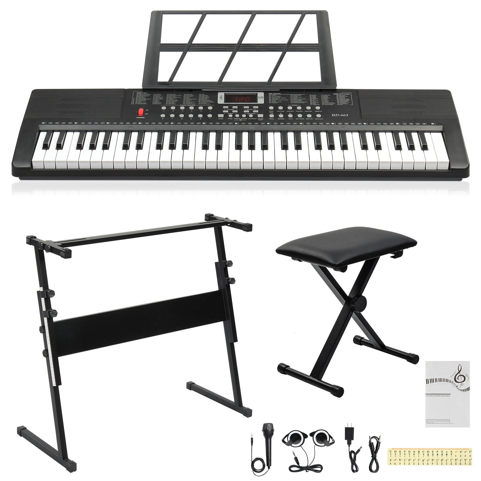 VINGLI Digitalpiano 61-Tasten Keyboard Piano Set mit Klavierständer, Klavierhocker, tragbar, LED-Bildschirm, 3 Lehrmodi, Schwarz