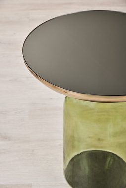 carla&marge Couchtisch Tilpha (runder Beistelltisch mit Platte aus dunkelgrauem Spiegelglas), Fuß aus grünem Glas