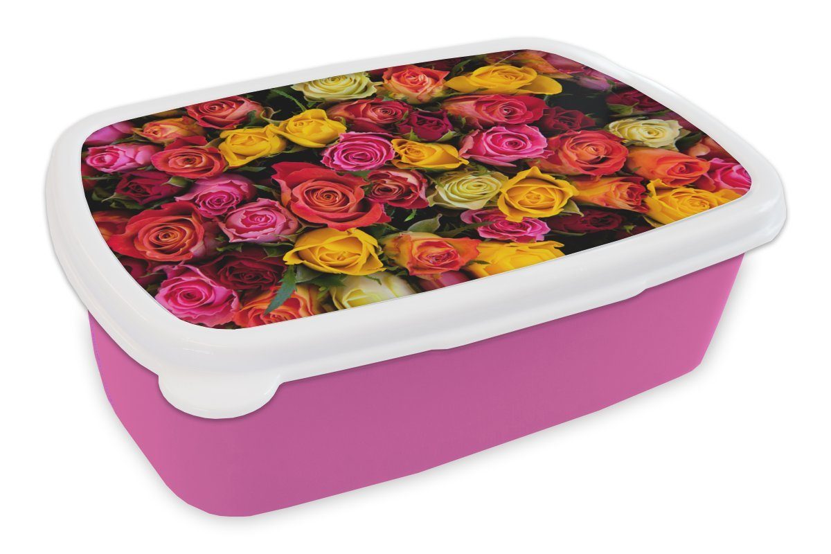 MuchoWow Lunchbox Rosen - Rosa - Rot, Kunststoff, (2-tlg), Brotbox für Erwachsene, Brotdose Kinder, Snackbox, Mädchen, Kunststoff