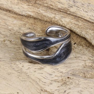 KARMA Fingerring Damenring Silber Edelstahl mit schwarzer Einlage verstellbar, Silberring Damenschmuck Statement Ring Damen