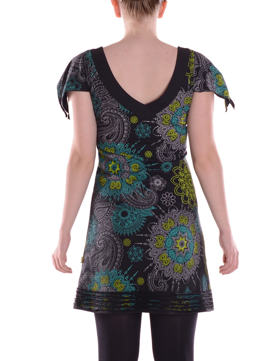 Vishes Minikleid Damen Mini-Kleid Baumwolle bedruckt V-Ausschnitt mit Cutwork am Saum Alternative Bekleidung, Ethno, Hippie, Retro Style