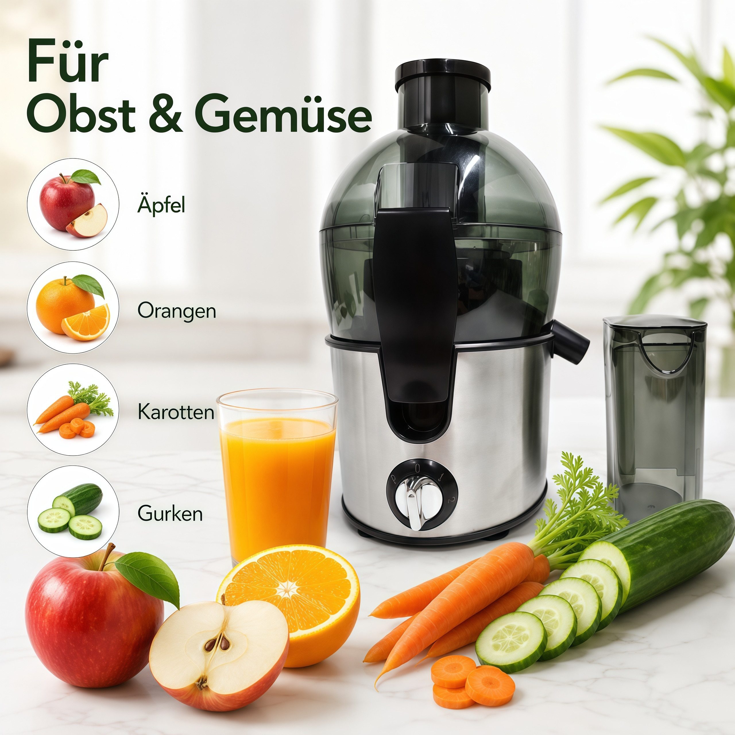 Fyrove Entsafter Slow Juicer Gemüse und Obst,Entsafter aus Edelstahl,Schnelles,BPAFrei, 1500 W, Zentrifugal-Entsafter,Füllöffnung und Zwei Geschwindigkeitsstufe – Bild 2 von 5