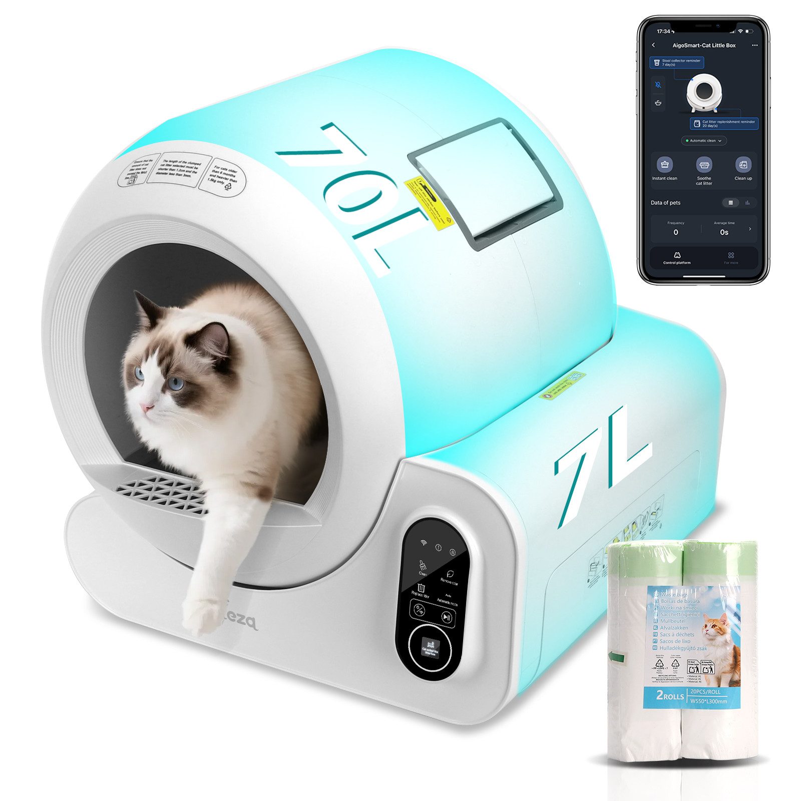 Katzentoilette 70L+7L Katzentoilette Selbstreinigende Katzentoilette Katzenklo