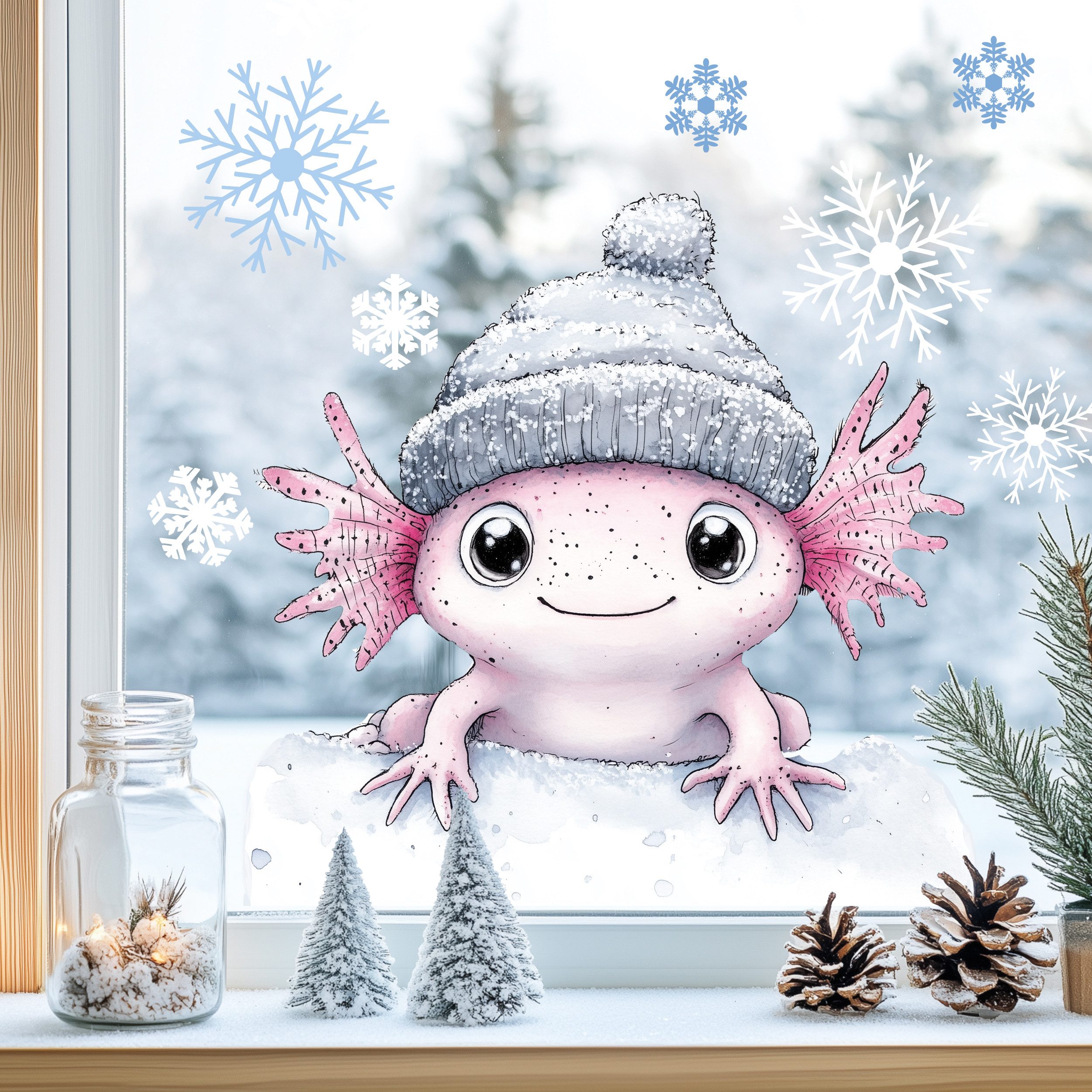 Sunnywall Fensterdekoration Kinderzimmer Fensterbild Winter Axolotl mit Müt günstig online kaufen