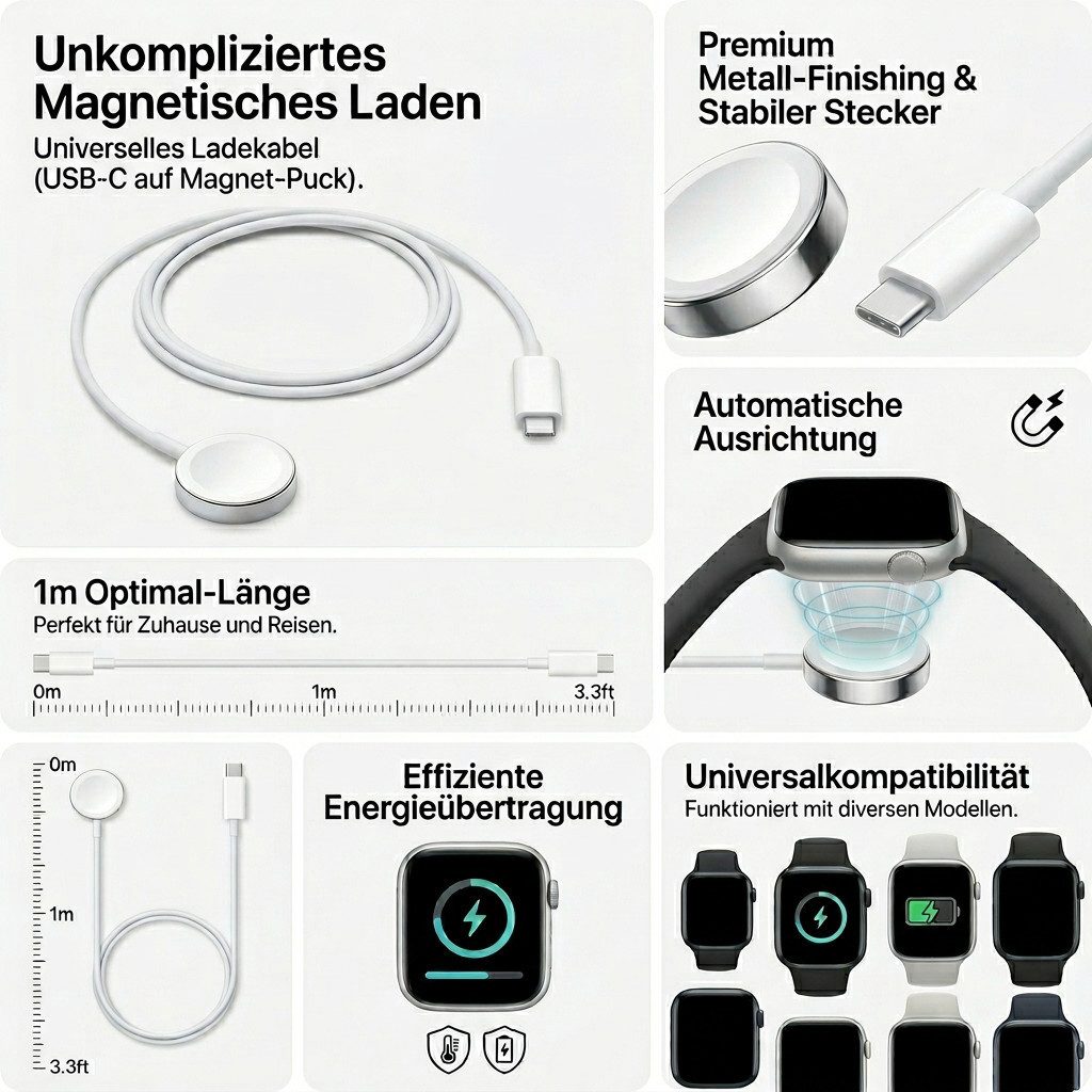 Futurea USB-C Ladekabel magnetisch für Apple Watch Series 11/10/9/8/7 USB-Ladegerät (2000 mA, 1-tlg., mit Überspannungsschutz, 100cm, schnellladend, magnetisch, – Bild 5 von 5