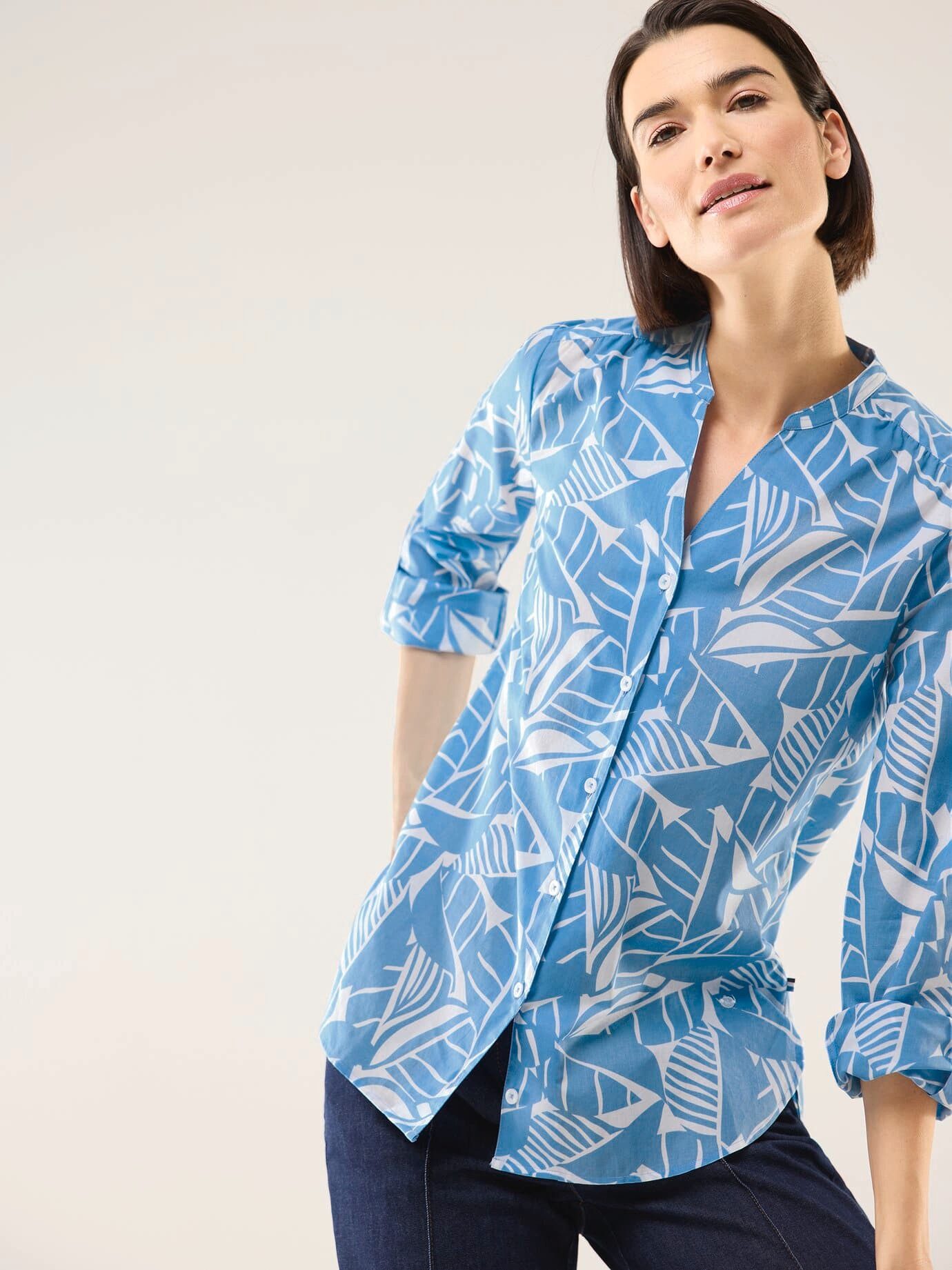 Walbusch Langarmbluse Damen Baumwollbluse V-Ausschnitt Langarm Regular Fit Leichter Voile-Sommerbluse, atmungsaktiv, Krempelärmel, pflegeleicht