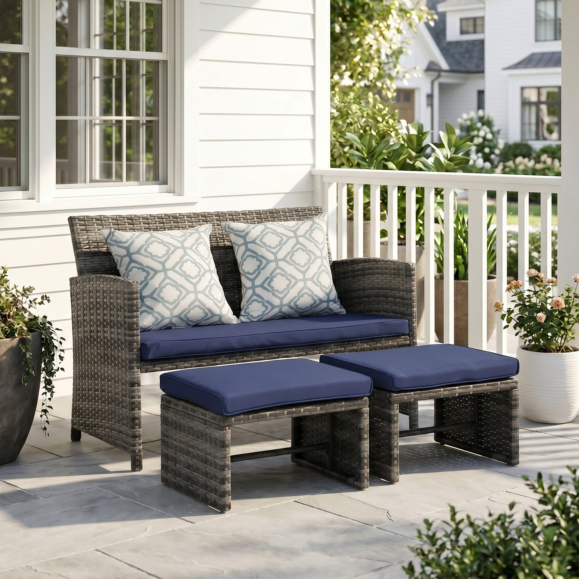 Sunsitt Gartenbank Outdoor Loveseat (3-tlg Terrassenmöbel-Set, Allwetter Rattan Gartenbank mit 2 Hocker), Grau Rattan&Grau Kissen