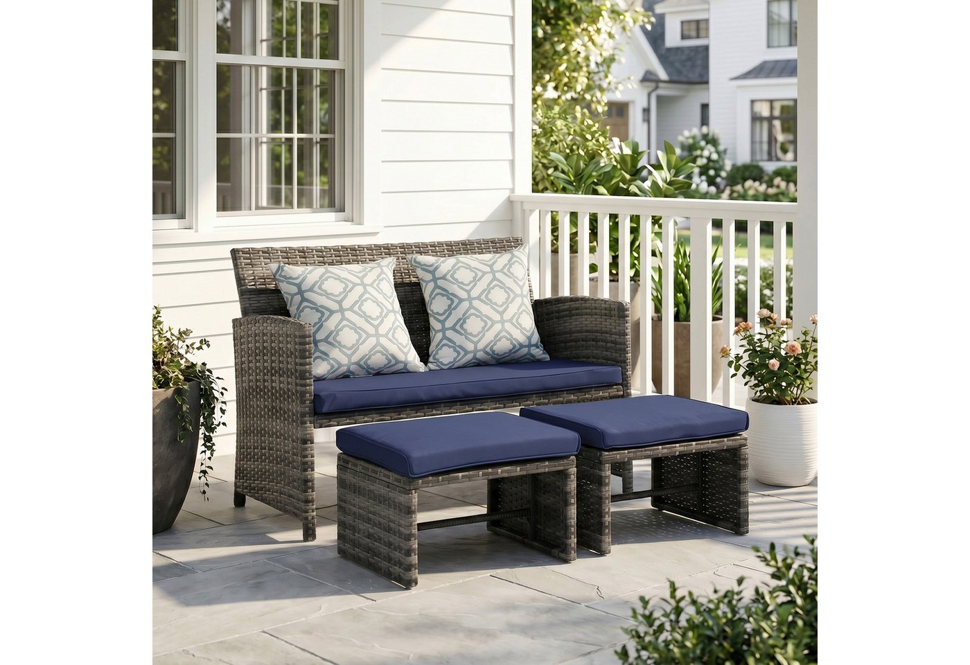 Sunsitt Gartenbank Outdoor Loveseat (3-tlg Terrassenmöbel-Set, Allwetter Rattan Gartenbank mit 2 Hocker), Grau Rattan&Grau Kissen