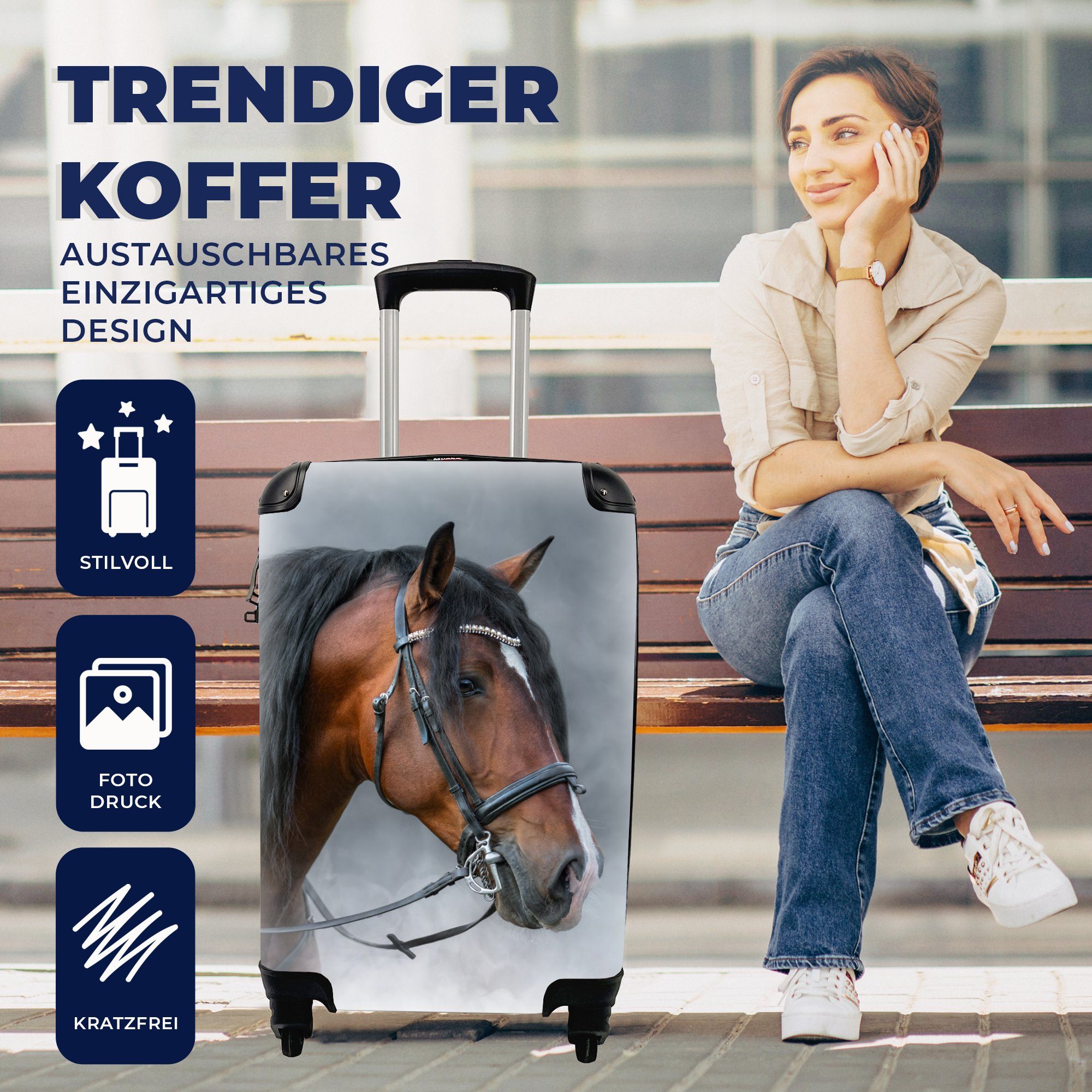 Ferien, MuchoWow Handgepäckkoffer Rauch Handgepäck Zaumzeug, mit Reisetasche Rollen, rollen, - Pferd für Reisekoffer 4 - Trolley,