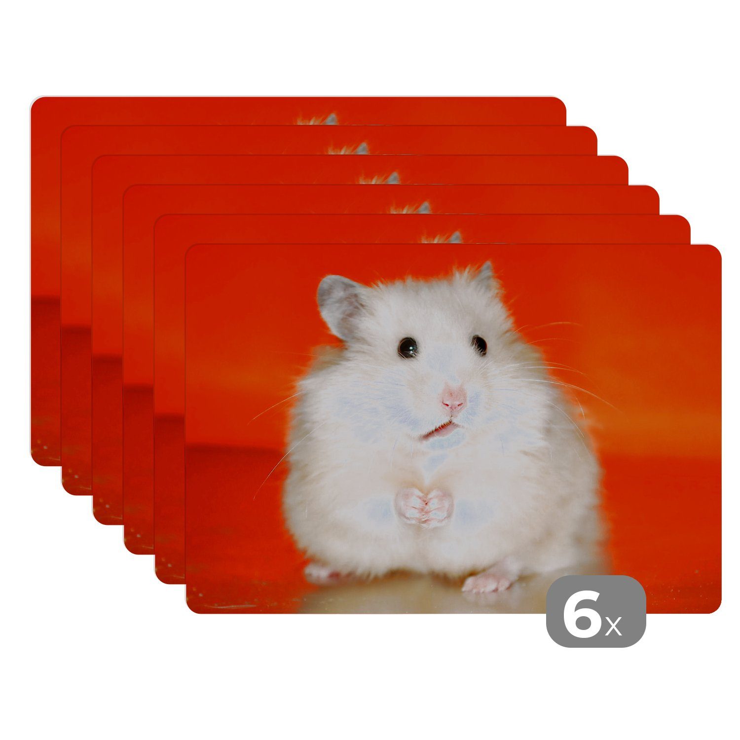 Platzset, Weißer Hamster auf orangem Hintergrund, MuchoWow, (6-St), Platzset, Platzdecken, Platzmatte, Tischmatten, Schmutzabweisend