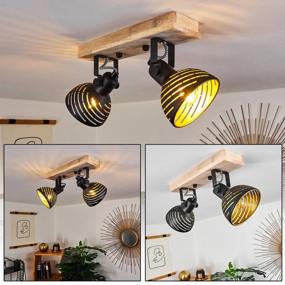 hofstein Deckenleuchte »Mitterthal« Deckenlampe, Metall/Holz,  Schwarz/Gold/Natur, ohne Leuchtmittel, drehbare Schirme mit Lichteffekt an  der Decke, 2xE14 Vintage, Retro