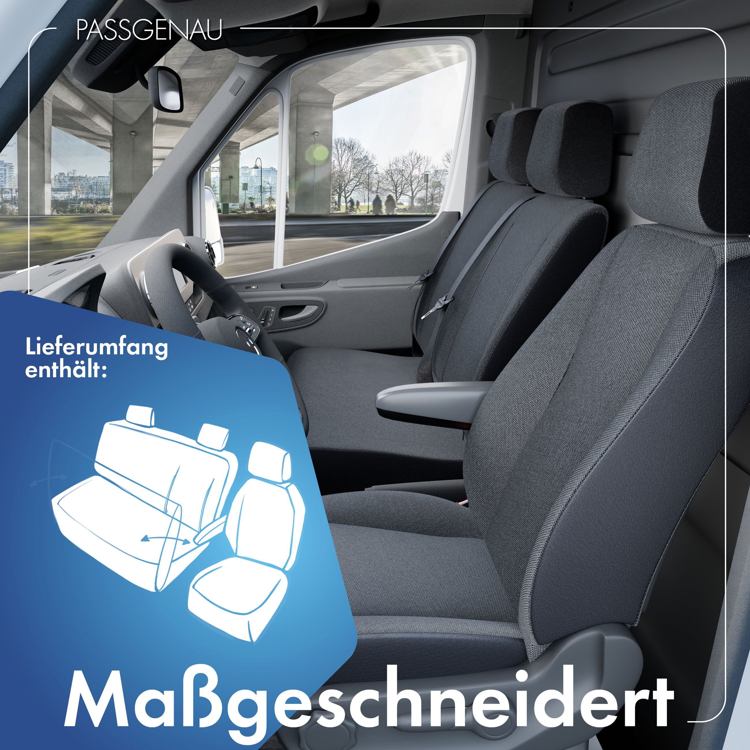 WALSER Autositzbezug Transporter VW Crafter Passfor, 1 Einzelsitzbezug vorne mit Ausnehmung Armlehne, 1 Doppelbankbezug vorne Sitzbank klappbar, Ausnehmung Tisch, 3 Kopfstützenbezüge, 7-tlg.