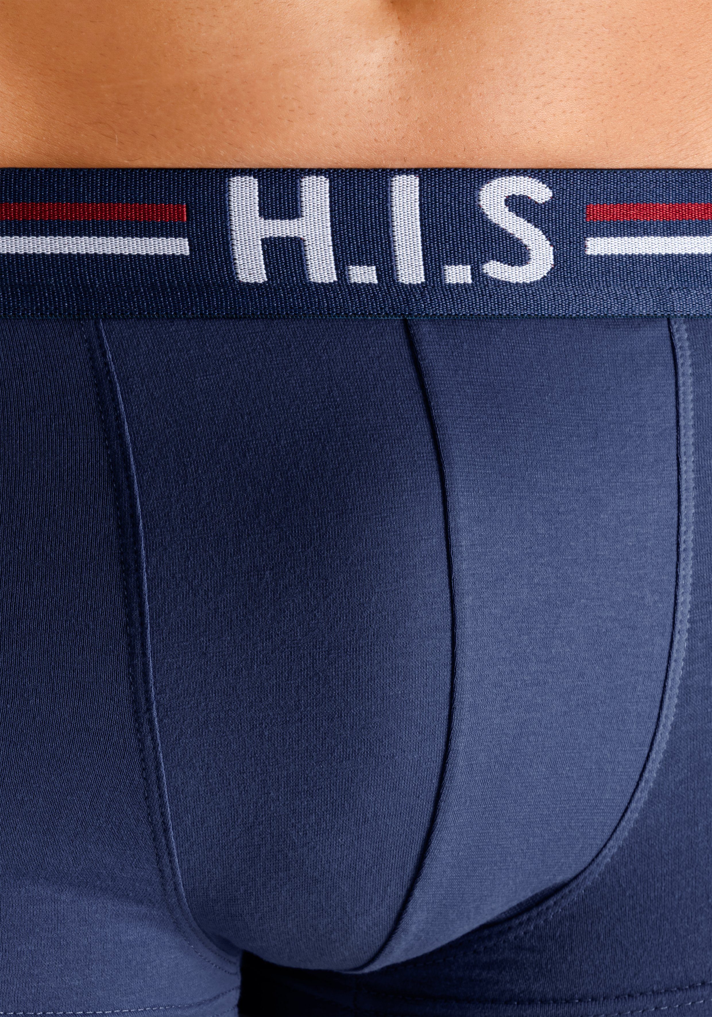 im mit Hipster-Form Streifen Boxershorts blau, navy, (Packung, und Bund 5-St) weiß, H.I.S hellblau, in Markenlogo schwarz