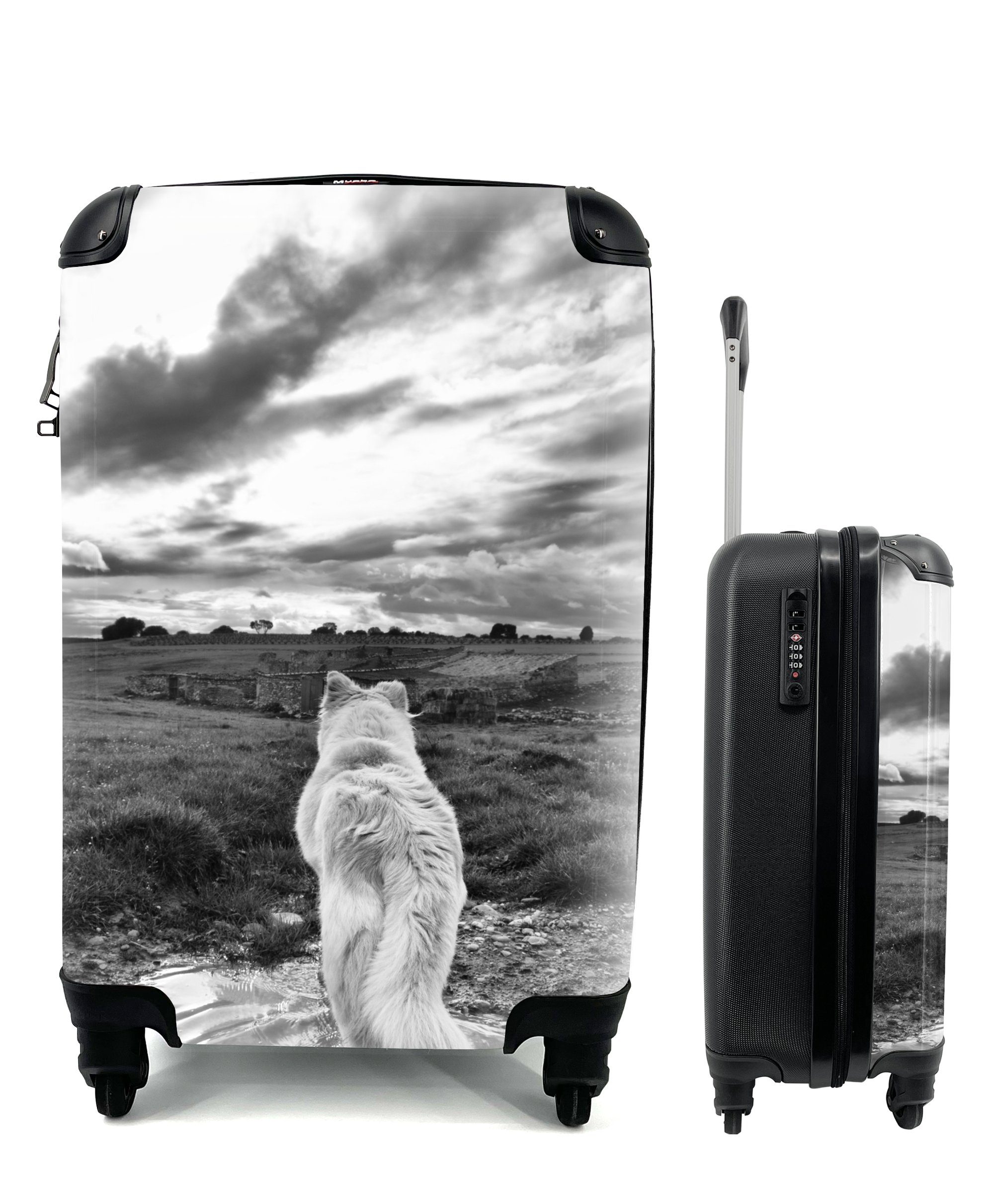 MuchoWow Handgepäckkoffer Wolf mit Blick auf die Landschaft in Schwarz und Weiß, 4 Rollen, Reisetasche mit rollen, Handgepäck für Ferien, Trolley, Reisekoffer