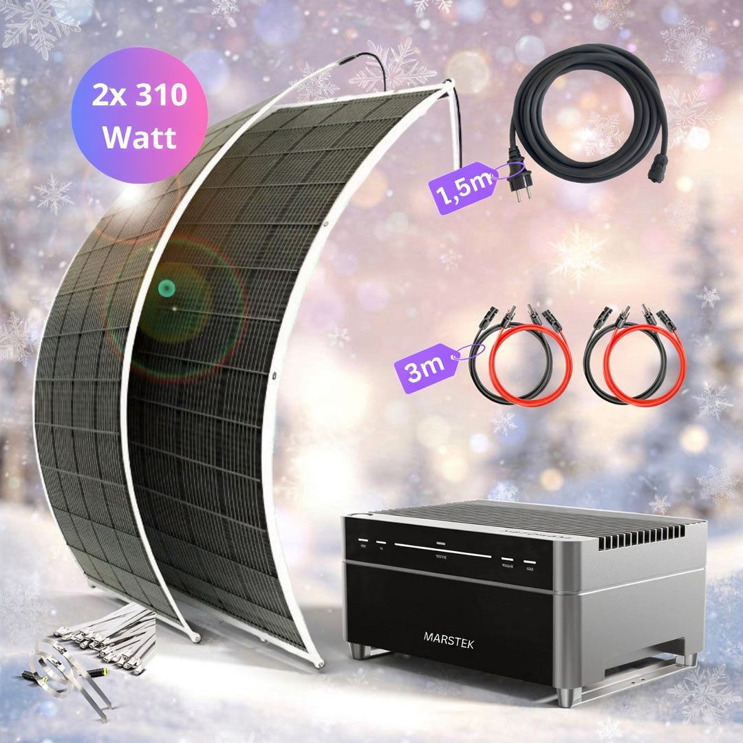 MyVoltaics Balkonkraftwerk MyUltraleicht 620 Watt MIT SPEICHER Marstek Venus A 2,12 kWh, 620 W, Versand 0 €, Komplettset mit 2 ultraleicht Modulen (Dicke 2 mm), (Set komplett, 3-St., plug & play steckerfertig für Steckdose und Solarmodule, erweiterbar), 800 W Netzausgang, Notstrom direkt am Speicher bis zu 1200 W