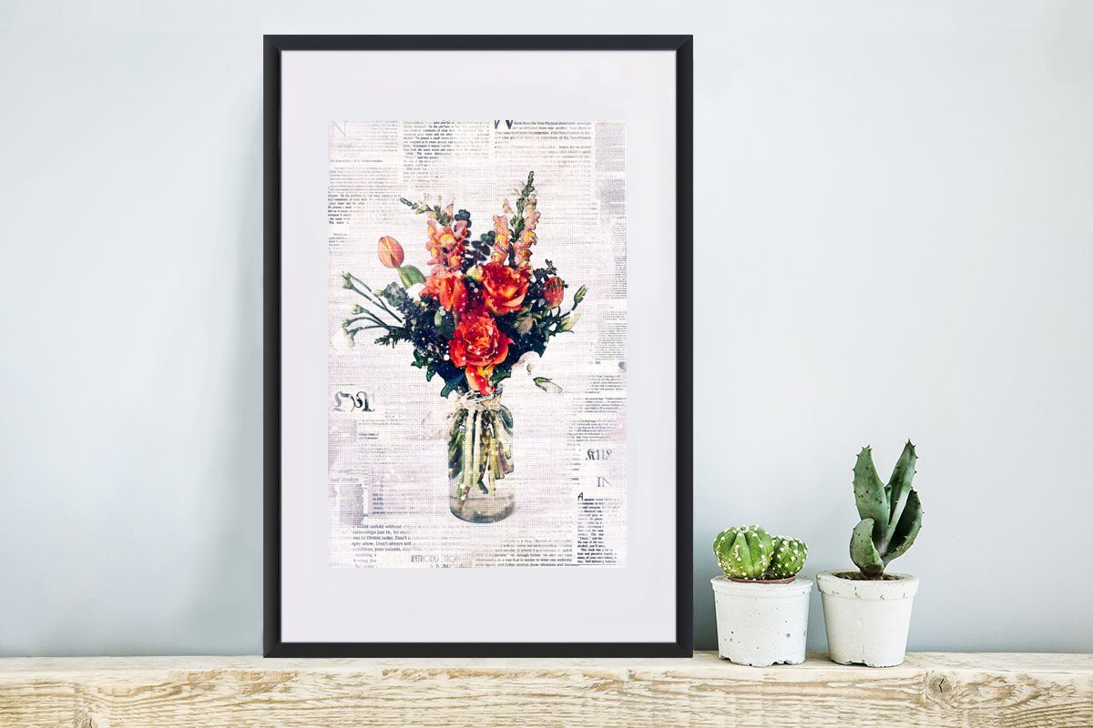 MuchoWow Poster Blumen - mit Rahmen, St), Bilderrahmen (1 Poster, Schwarzem Gerahmtes Farben, - Zeitungen Kunstdruck