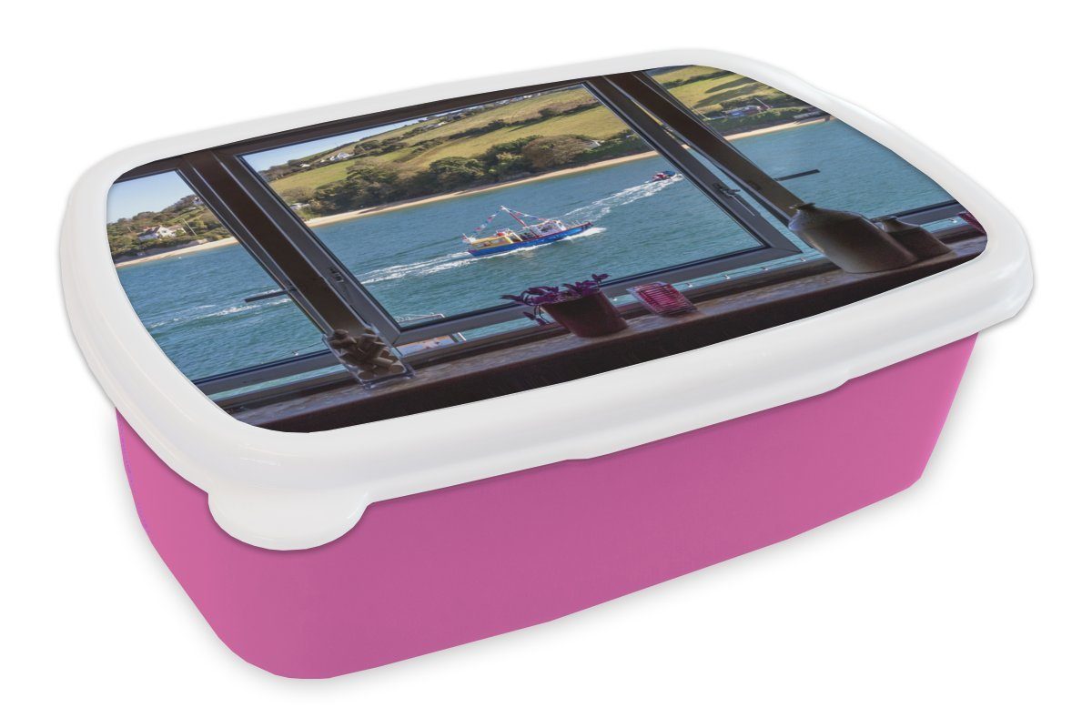 ein Boot, (2-tlg), Kinder, Meer und das auf Blick Kunststoff für MuchoWow Snackbox, Erwachsene, Brotbox Brotdose Mädchen, Kunststoff, rosa Lunchbox