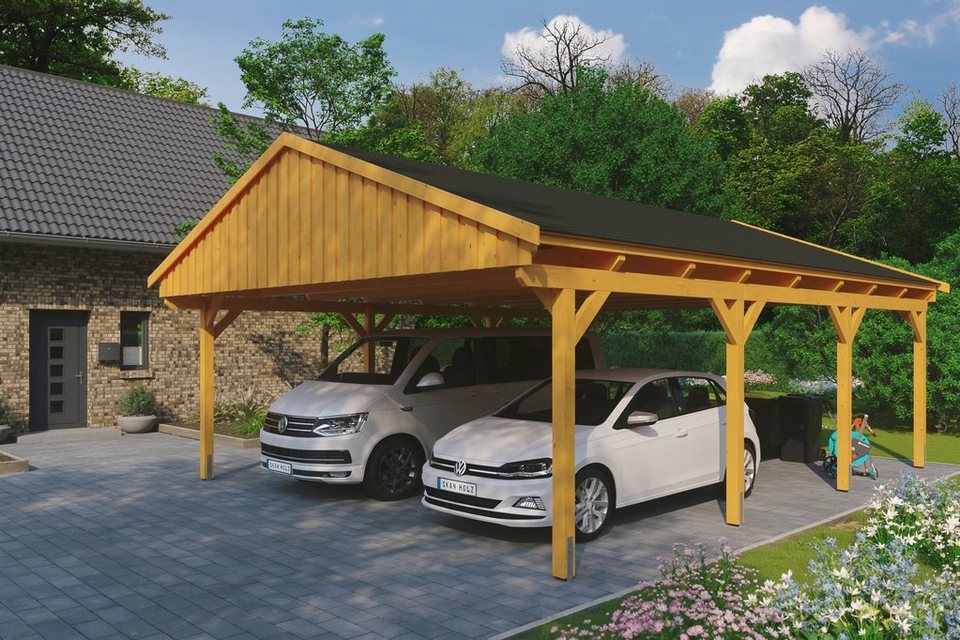 Skanholz Doppelcarport Fichtelberg, BxT: 618x808 cm, 574 cm Einfahrtshöhe,  mit schwarzen Schindeln, Satteldach-Carport, farblich behandelt in eiche  hell