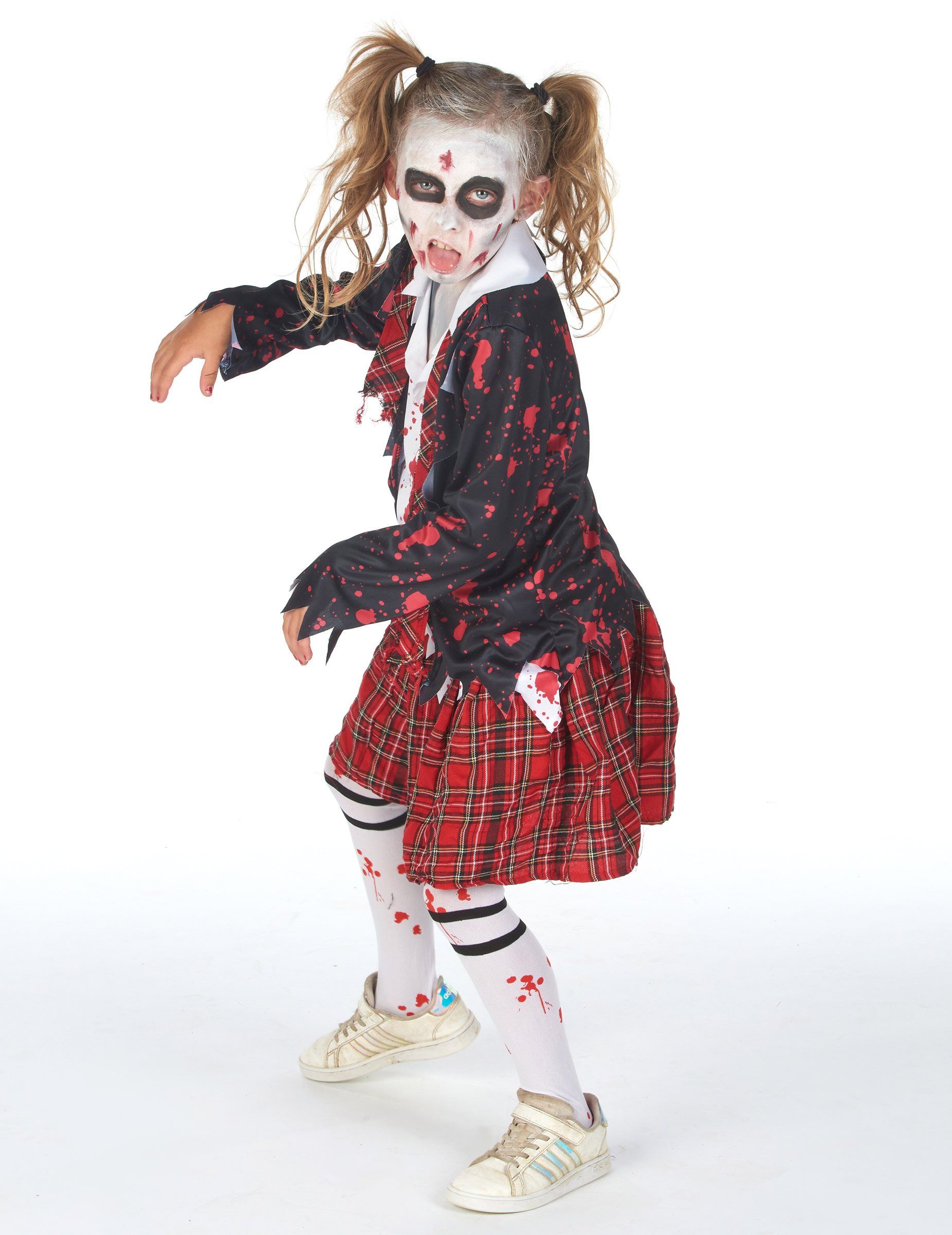 JADEO Zombie-Kostüm Zombie-Schülerin Halloween-Mädchenkostüm schwarz-weiss-rot