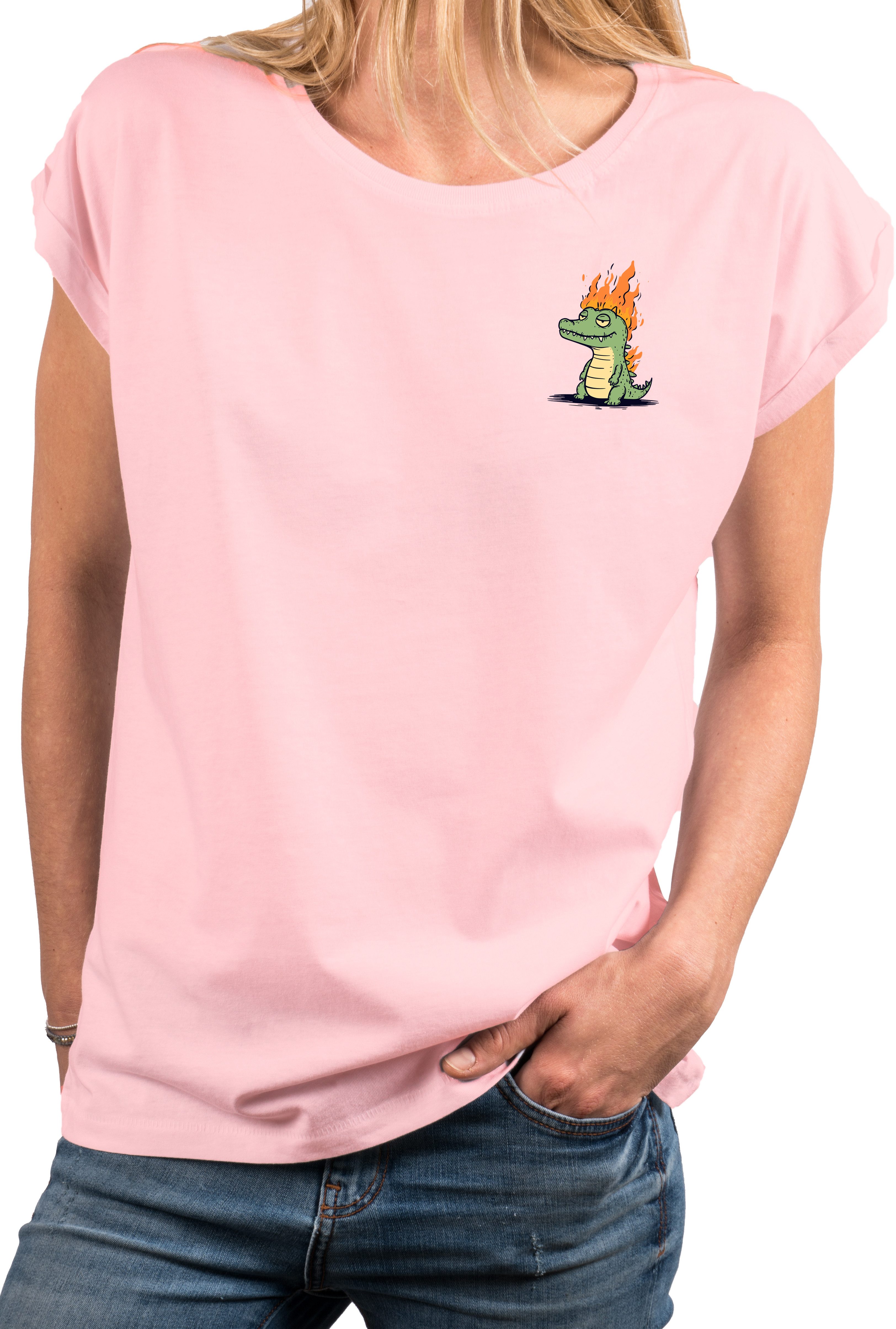MAKAYA T-Shirt Damen Top mit Drachenmotiv – kleiner Herzprint, Krokodil (Schwarz, Blau, Dunkelgrau, Grün, Hellgrau, Rosa, Weiß, 34, 36, 38, 40, 42, 44, 46, 48, 50) Baumwolle