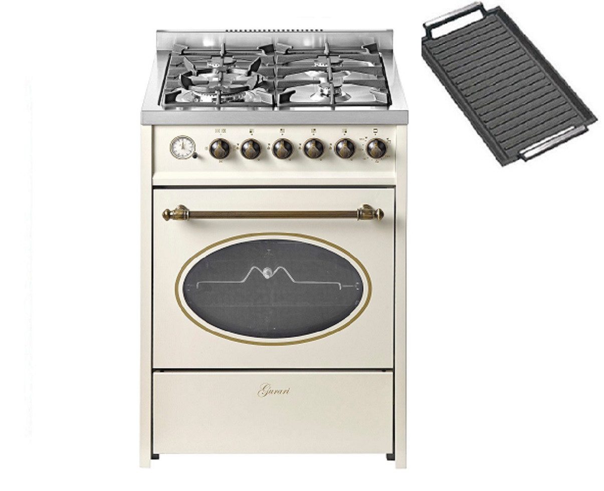 GURARI Gas-Standherd Standherd 60 cm Erdgas Fl.Gas 4 Kw WOK, Gasgrill GCH G 614 CR+Grillplatte, mit 1-fach-Teleskopauszug
