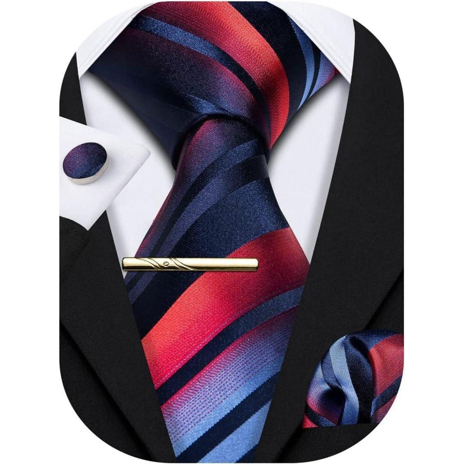 LuxusKollektion Krawatte Krawatten Set Herren Seide Manschettenknopf Marine Rot Blau