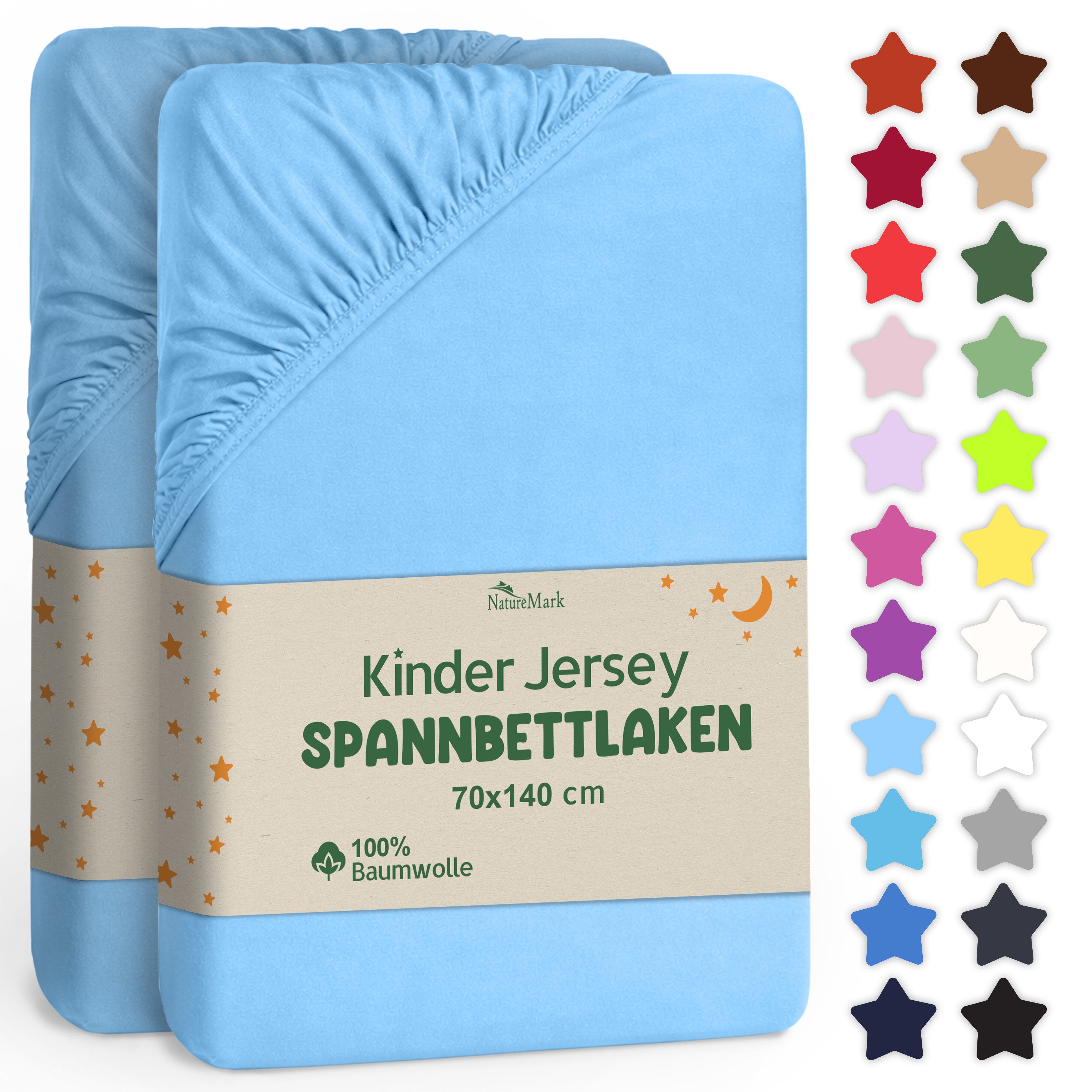 NatureMark Spannbettlaken Jersey Spannbetttuch, 100% Baumwolle, Gummizug: rundum, (2 Stück), Kinder Spannbetttuch, für Baby-/Kinderbett, 70x140 cm, Hellblau
