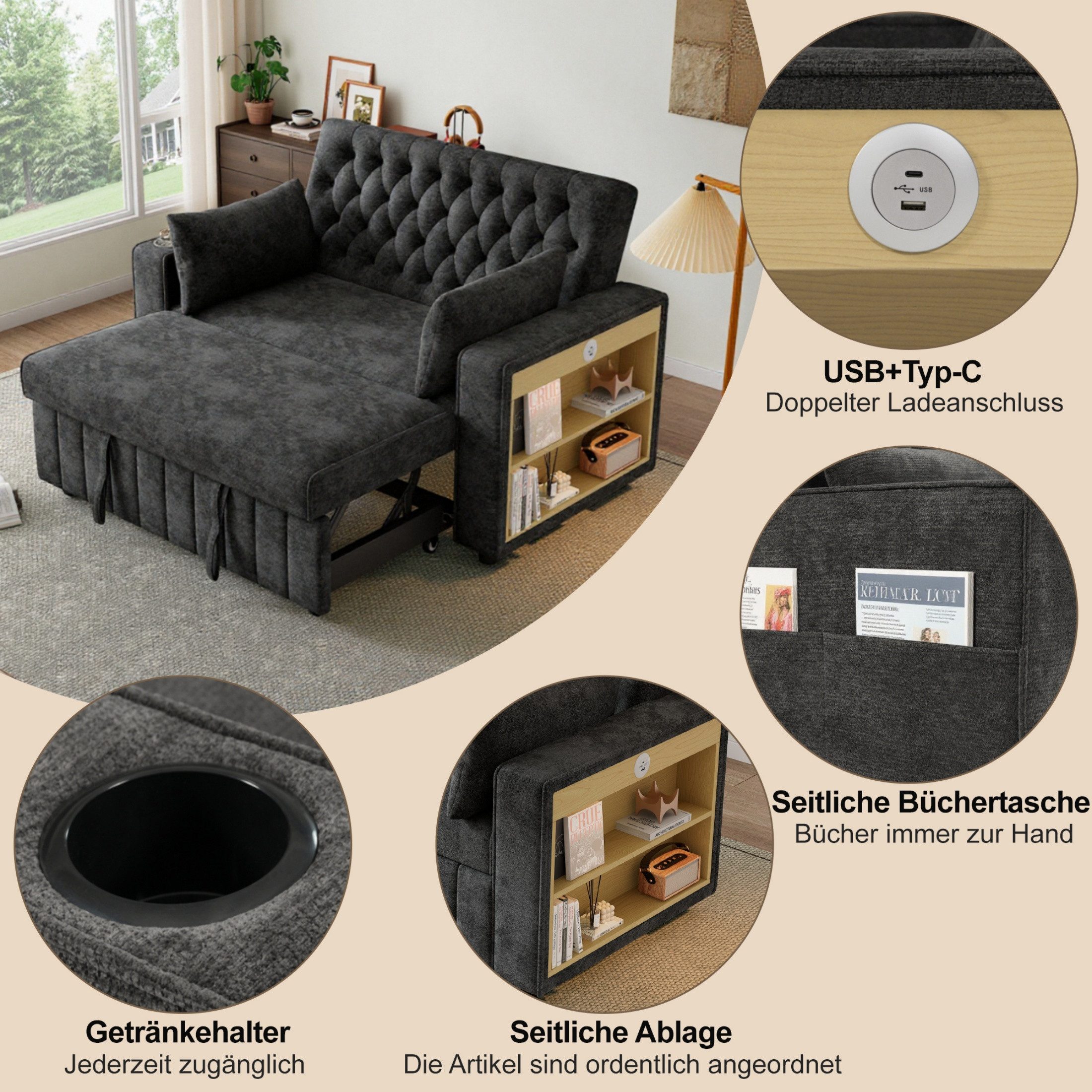 autolock Schlafsofa Multifunktionales Schlafsofa Klappsofa mit Stauraum & Schlaffunktion, Doppelsofa Couch für Wohnzimmer, Schlafzimmer und Gästezimmer