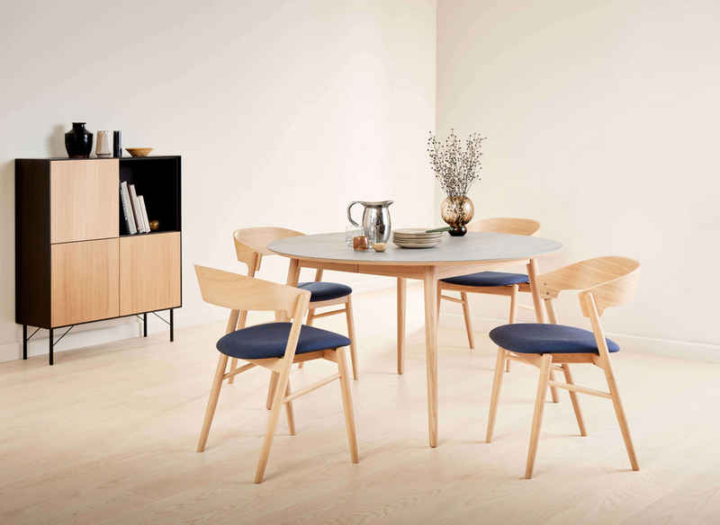 Hammel Furniture Esstisch Meza Designtisch mit Auszugsfunktion und 2 Einlegeplatten, runde Tischplatte aus Keramik, Massivholzgestell