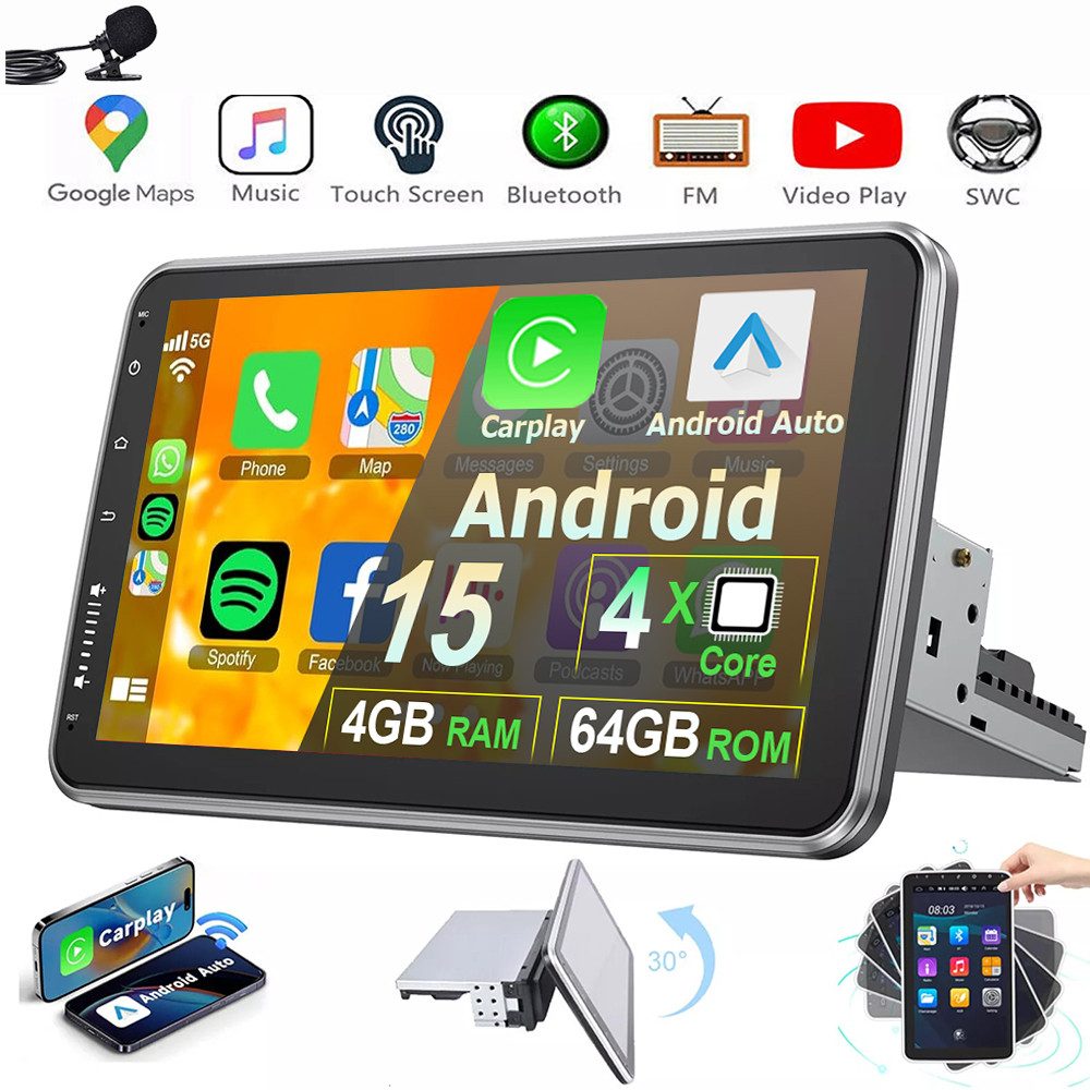 MOPECT 4+64G Android 15 Autoradio 1 DIN 360° Drehbar Bildschirm Carplay Navigationsgerät (Carplay Android Auto Bluetooth FM AM RDS WIFI GPS)
